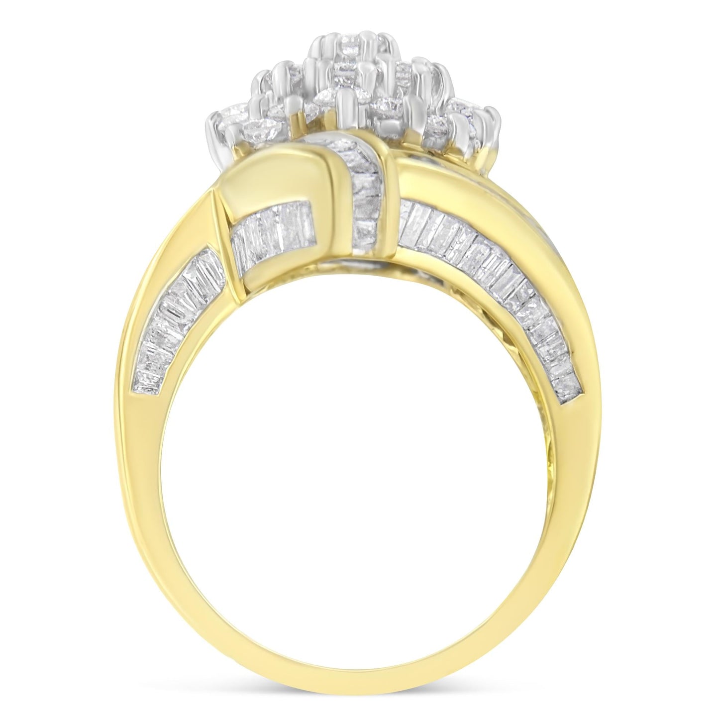 10K Yellow Gold Round and Baguette Diamond Crossover Cluster Ring (3 Cttw I-J