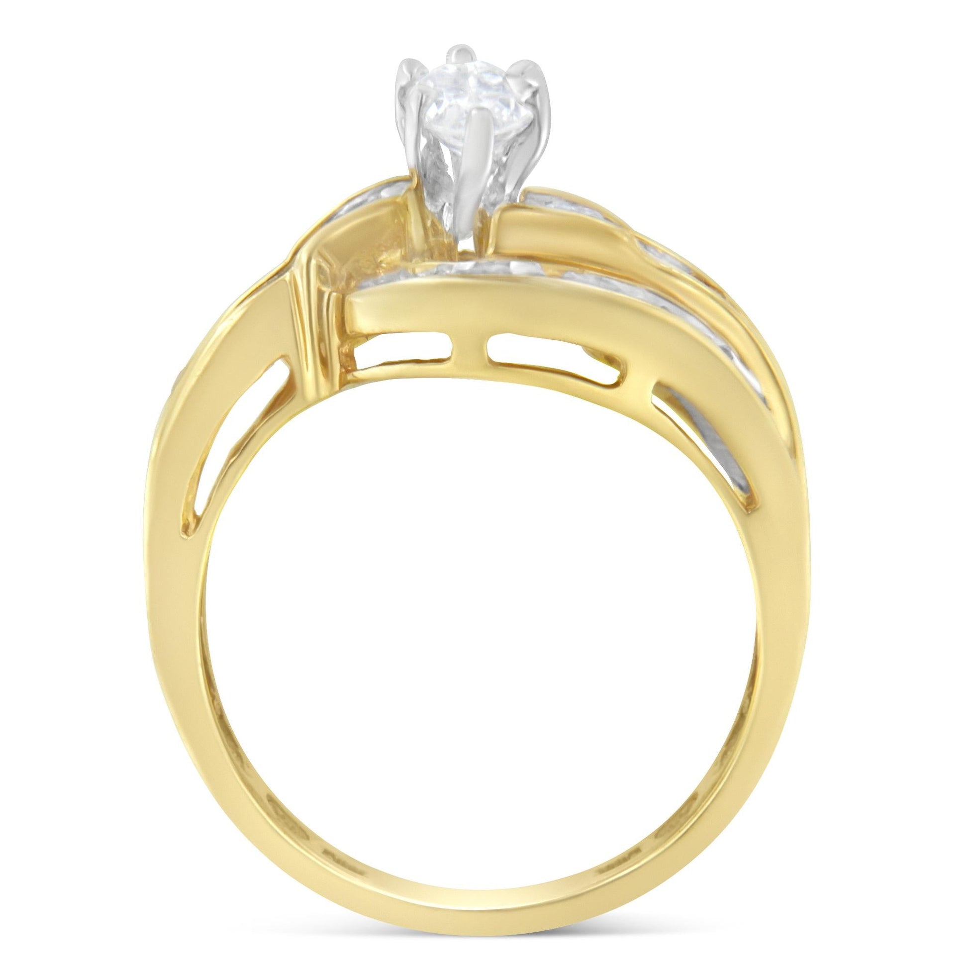 14KT Two-Toned Gold Marquise Baguette and Round Cut Diamond Bypass Ring (1 cttw