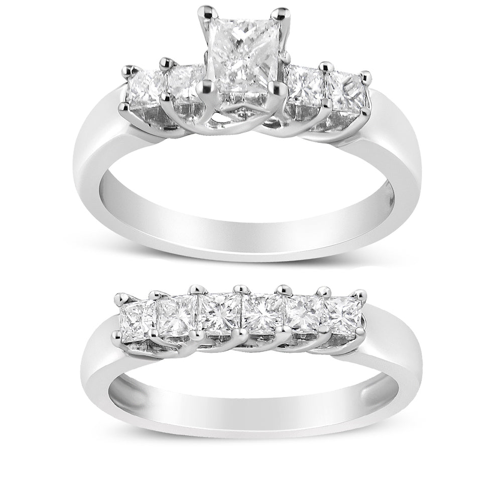 14K White Gold 1 1/2 Cttw 5 Stone Princess Diamond Engagement Wedding Ring Set