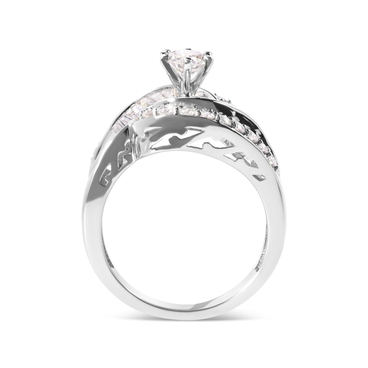 14K White Gold 1.00 Cttw Round and Baguette cut Diamond Swirl Cocktail Ring