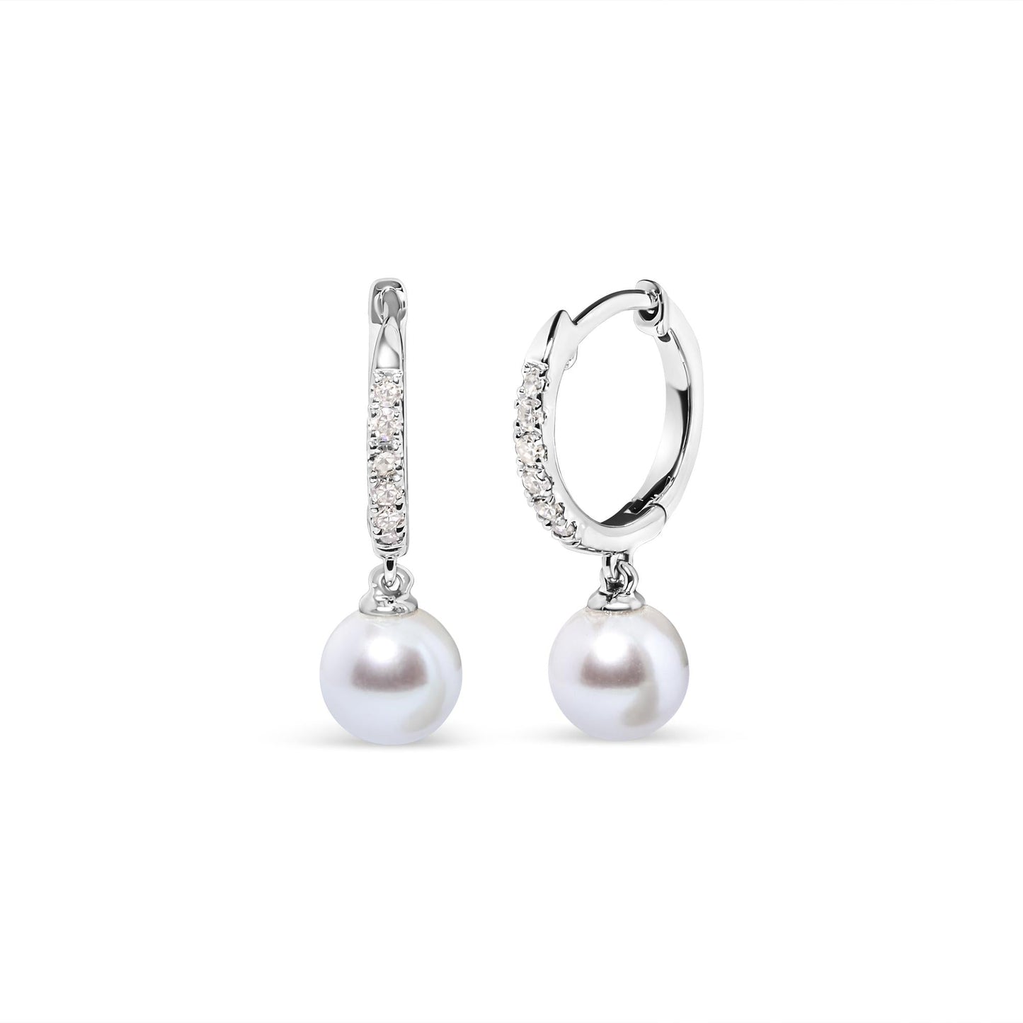 10K White Gold 6x6 MM Cultured Freshwater Pearl and Diamond Accent Drop Huggy