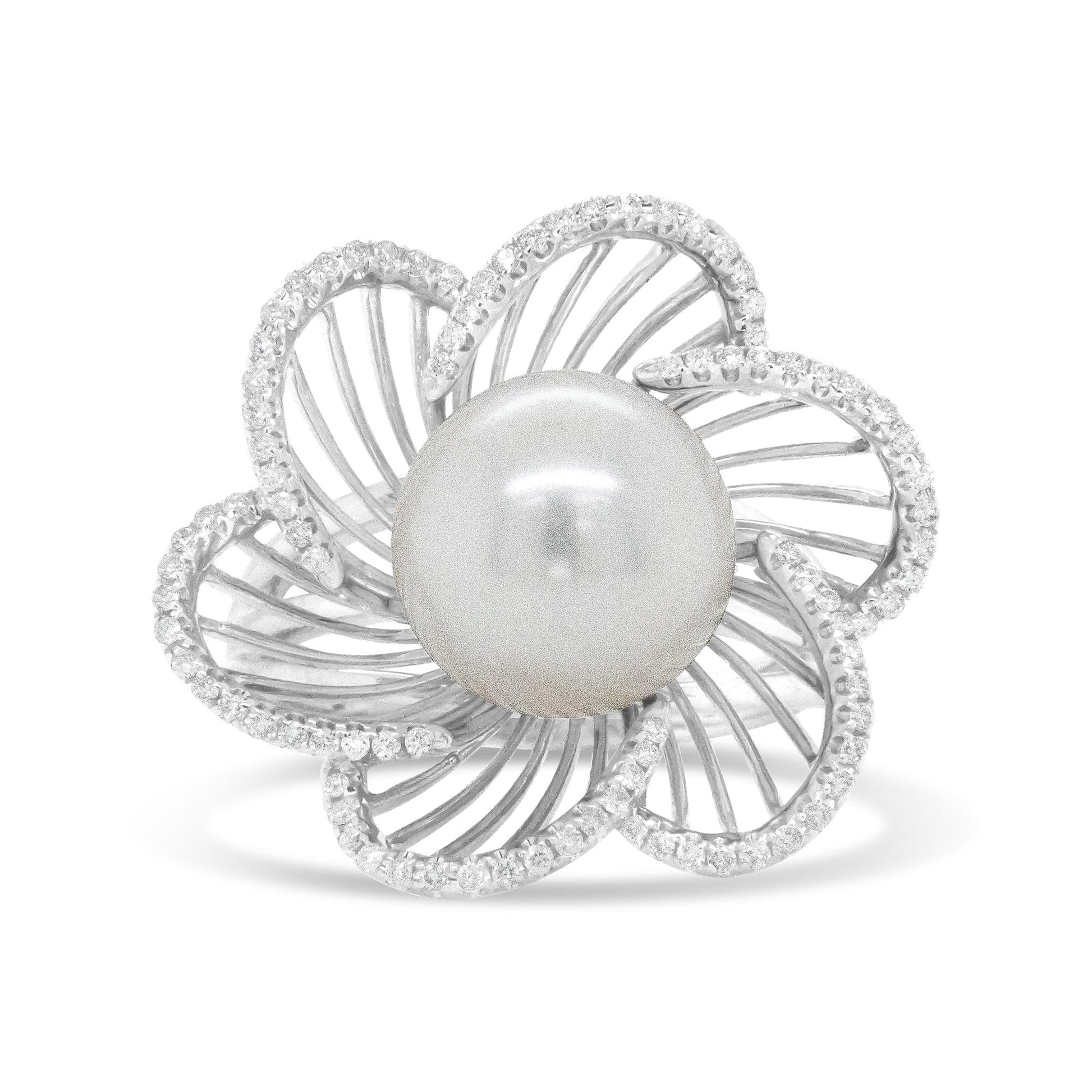 14K White Gold 11mm Round Pearl and 1/3 Cttw Round Diamond Openwork Flower