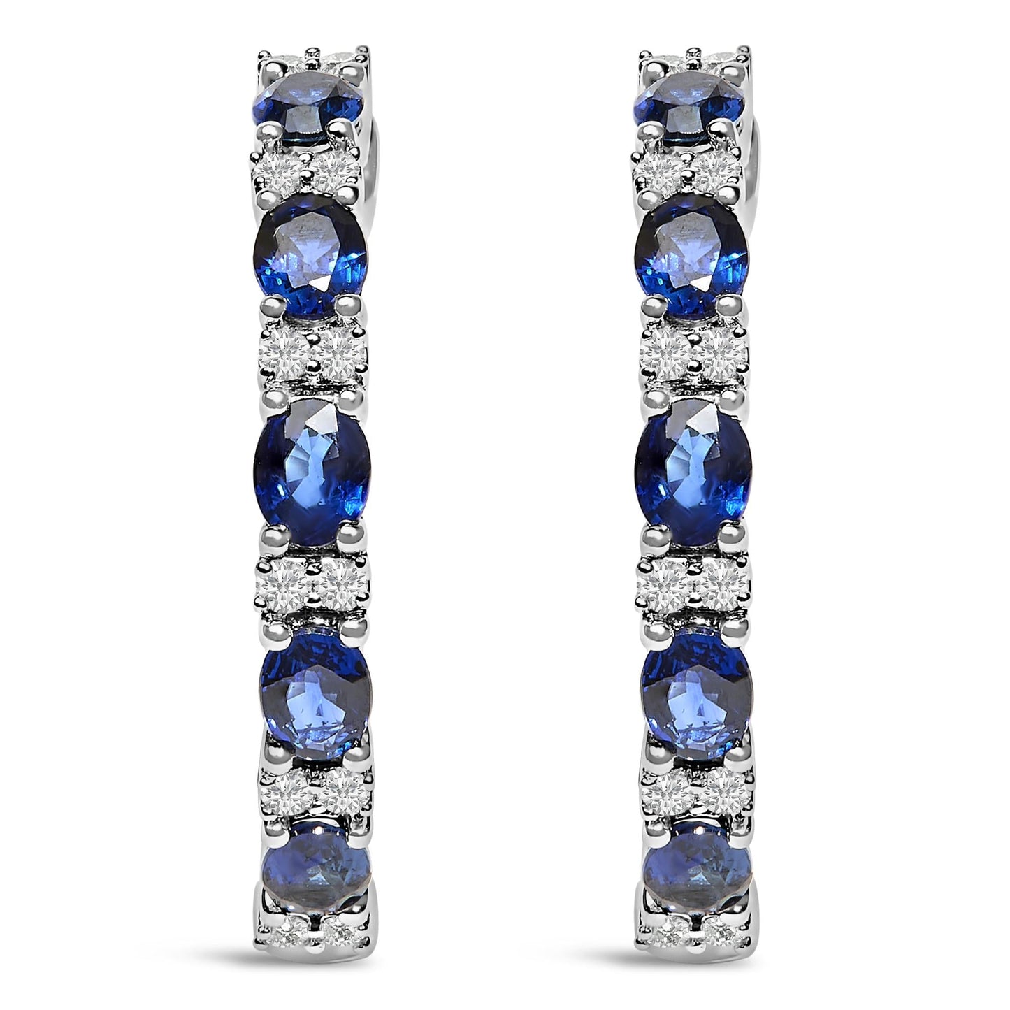 14K White Gold 4x3mm Oval Blue Sapphire and 1/4 Cttw Diamond Alternating Hoop Earring (I-J Color, SI2-I1 Clarity)