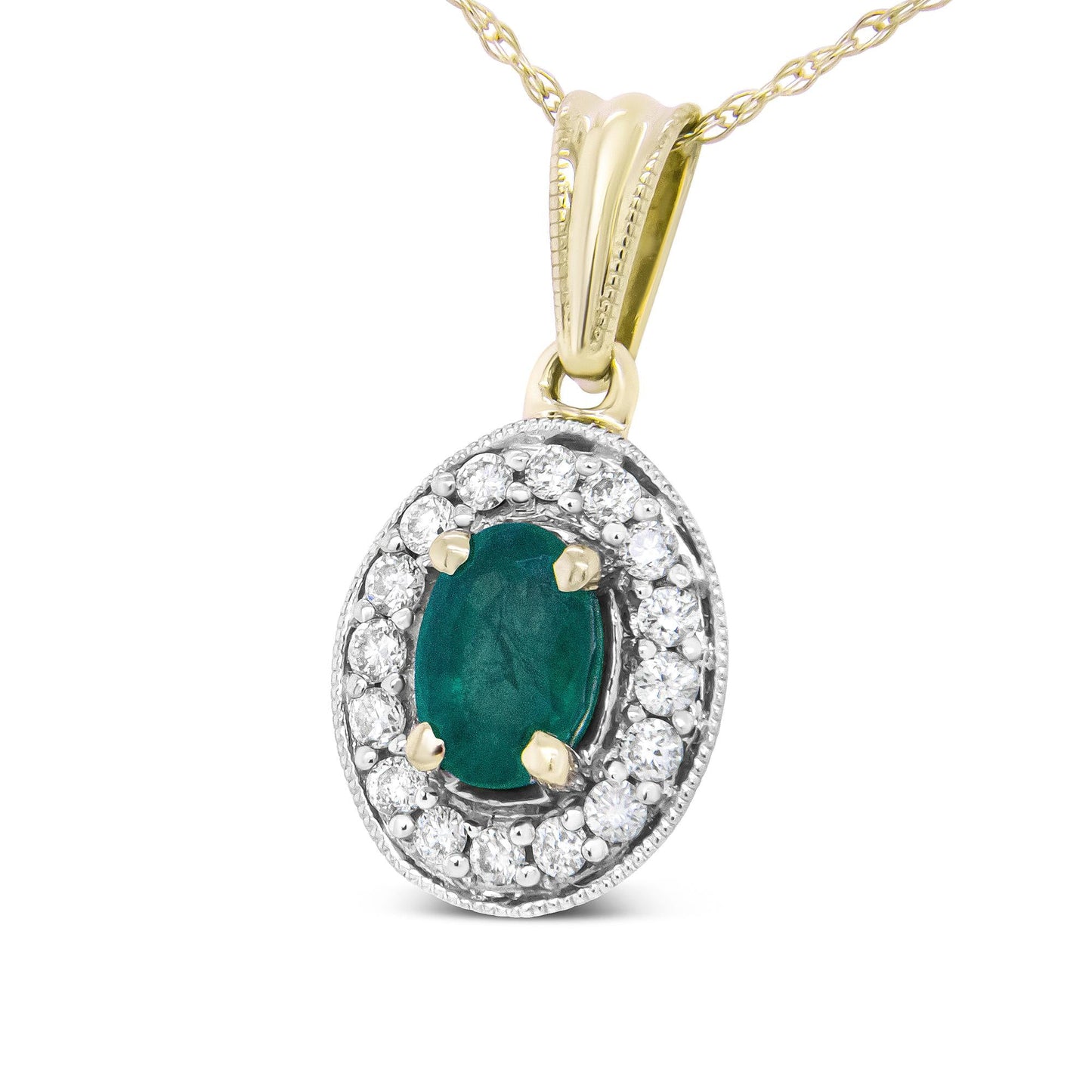 14K Yellow Gold 6x4mm Emerald and 1/5 Cttw Round Diamond Halo Pendant 18’’