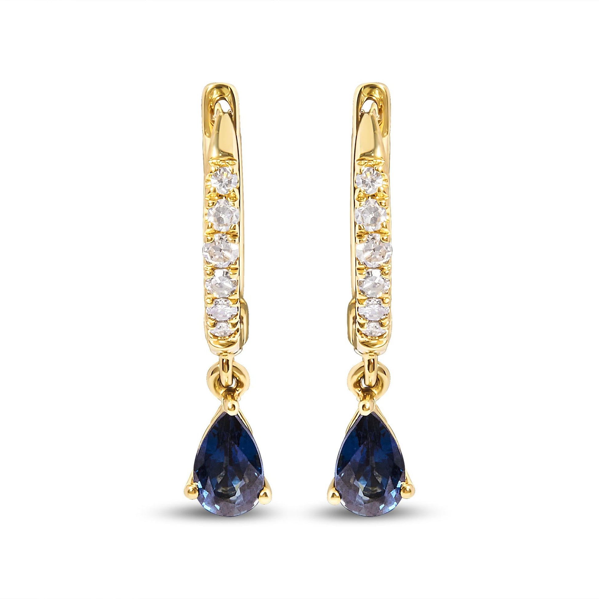 10K Yellow Gold Pear Blue Sapphire and 1/10 Cttw Diamond Drop and Dangle Huggy