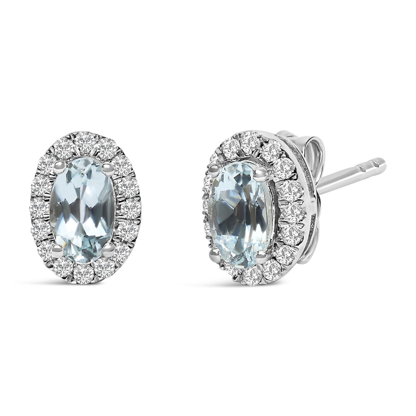 10K White Gold 5x3 MM Oval Cut Birthstone and Diamond Halo Stud Earrings (I-J Color, I1-I2 Clarity)