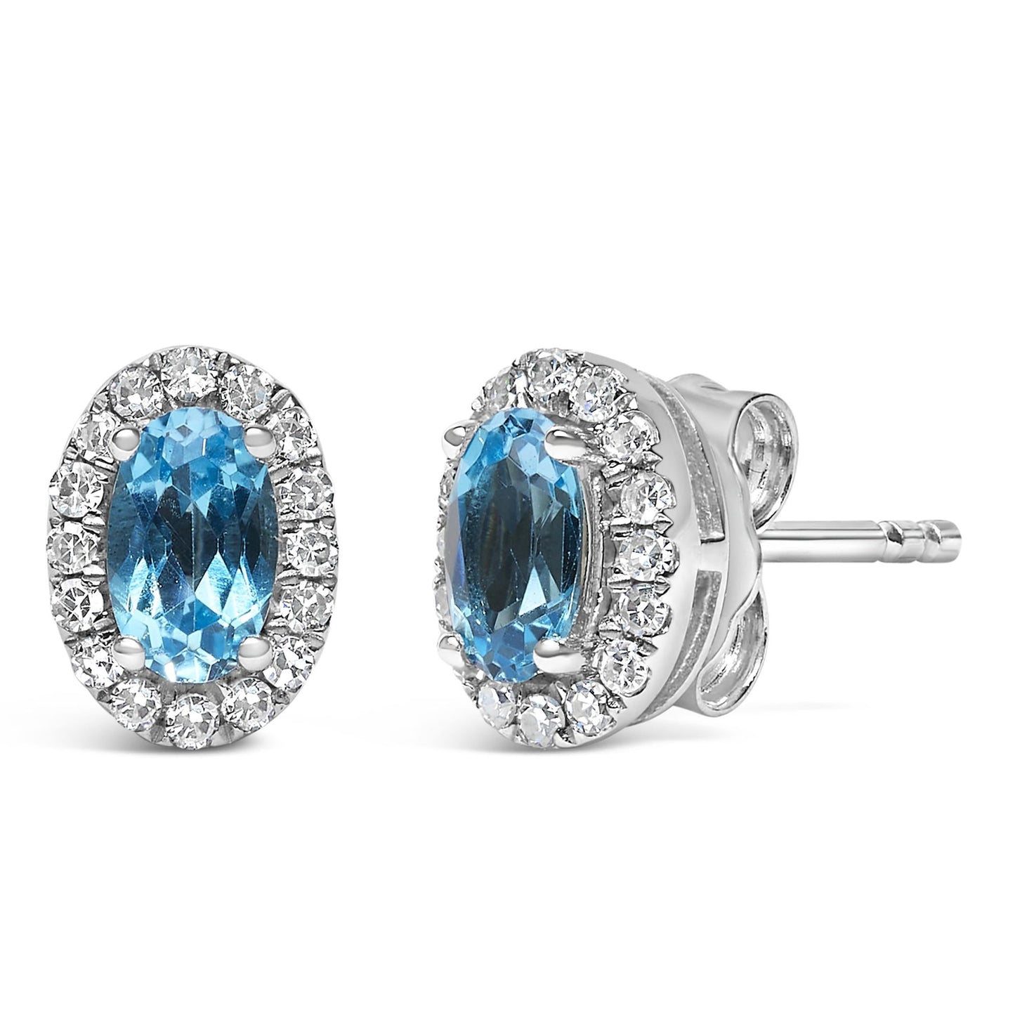 10K White Gold 5x3 MM Oval Cut Birthstone and Diamond Halo Stud Earrings (I-J Color, I1-I2 Clarity)