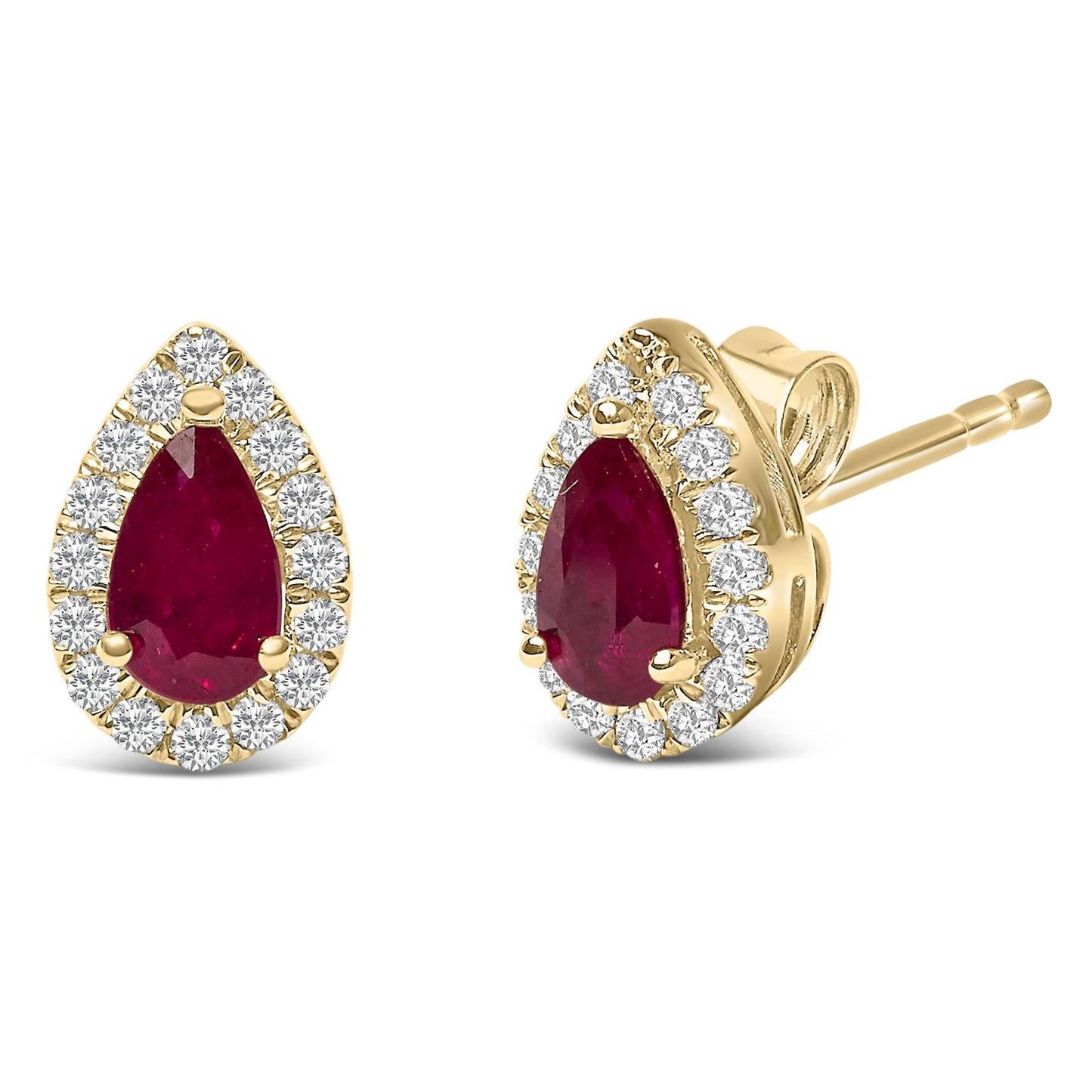 10K Yellow Gold 5X3 MM Pear-Cut Ruby and 1/7 Cttw Diamond Halo Stud Earrings (I-J Color, I1-I2 Clarity)