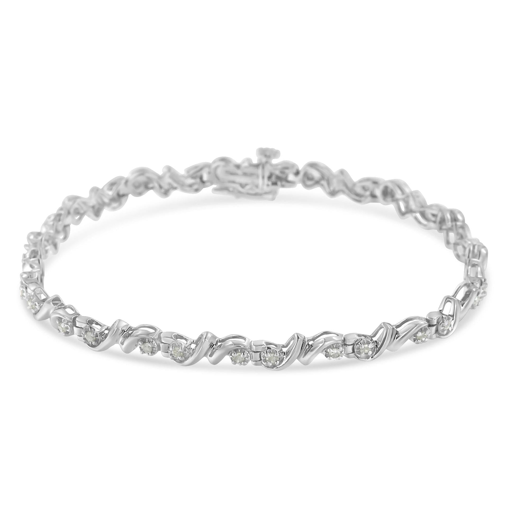 .925 Sterling Silver 1/2 Cttw Diamond Contoured Double Wave Link 7’’ Tennis