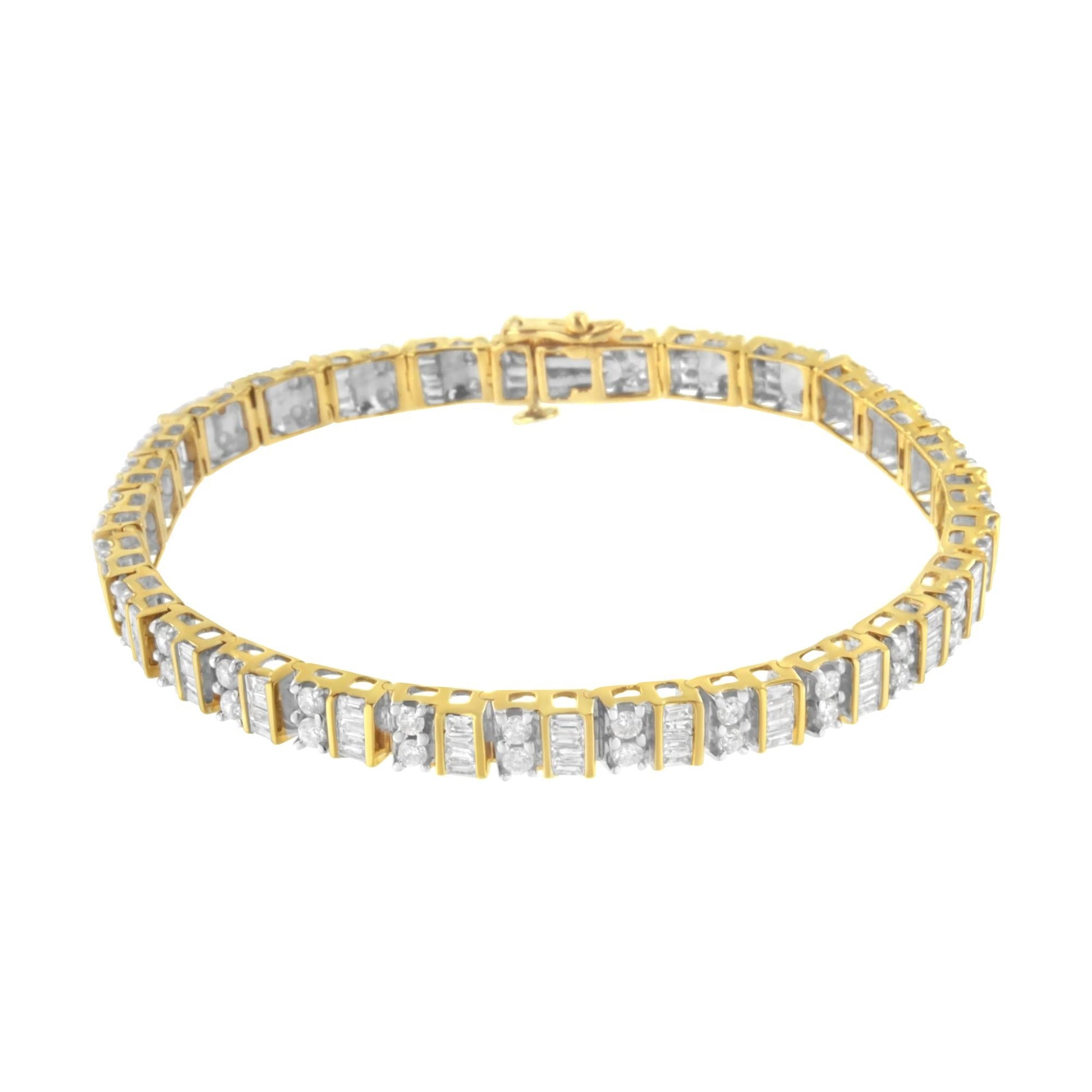 10K Yellow Gold 4.0 Cttw Alternating Baguette & Round Cut Diamond Bezel- &