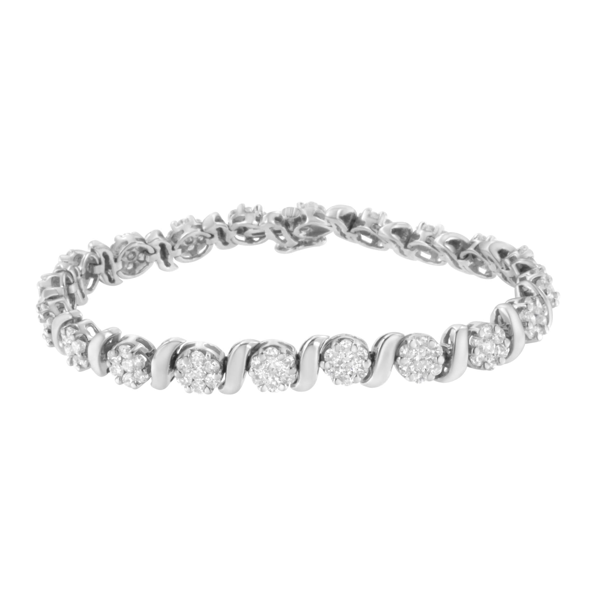 14K White Gold 5 1/4 cttw Diamond S-Link Floral Cluster Tennis Bracelet (I-J