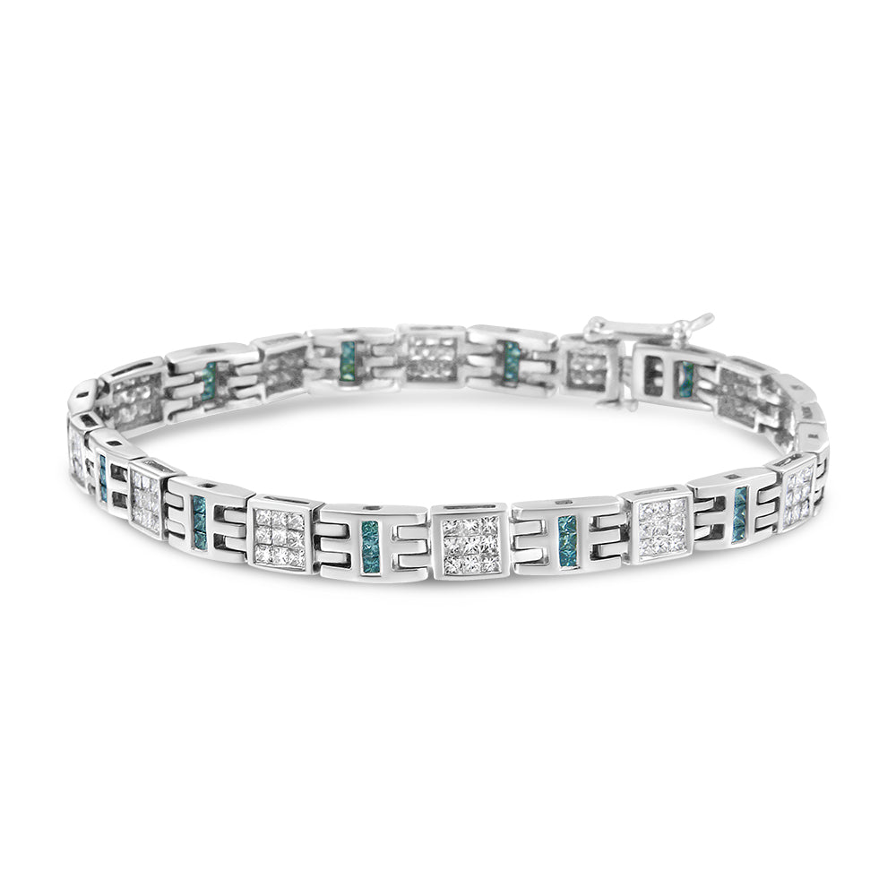 14K White Gold Princess-Cut white and Blue Diamond Fashion Bracelet(3.00