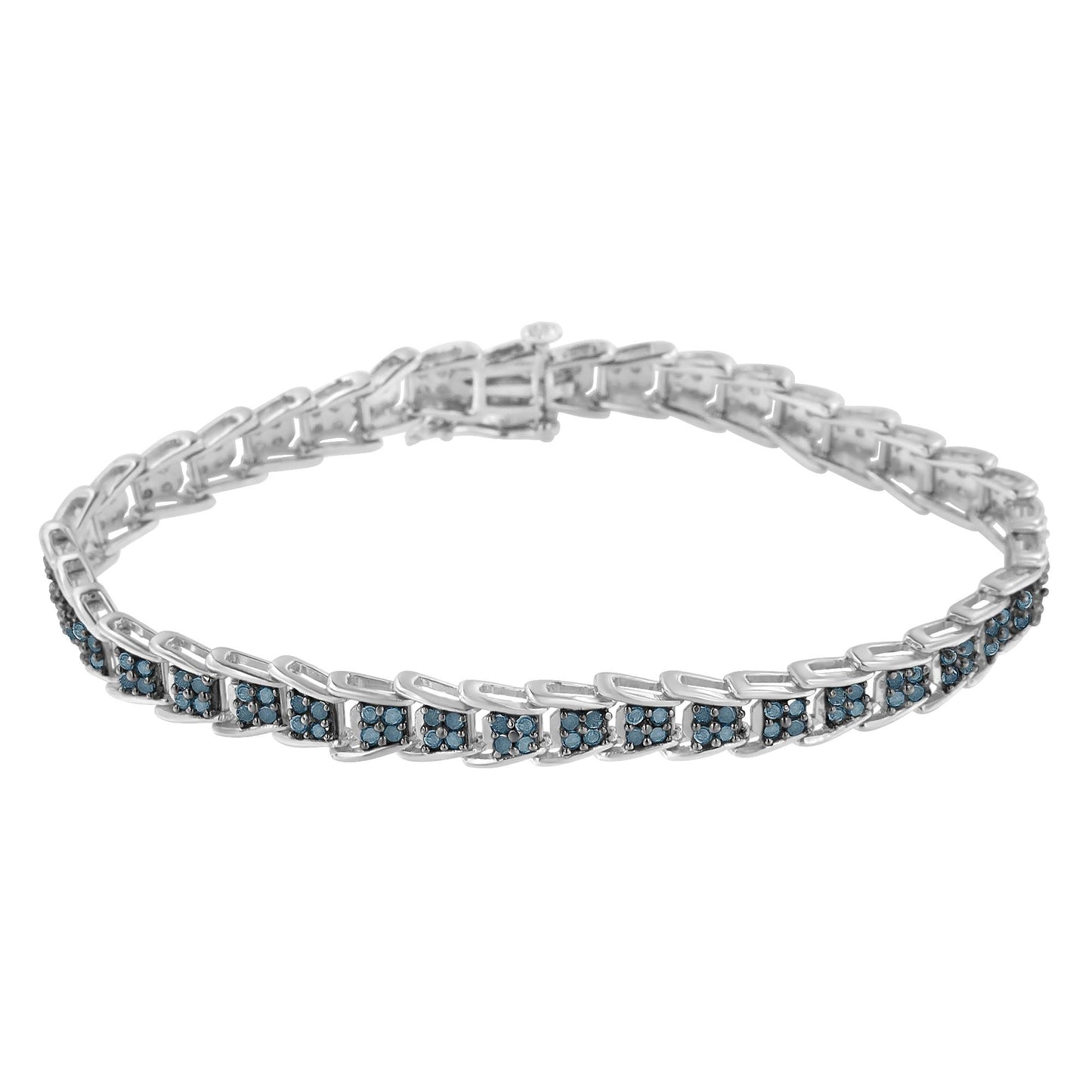 .925 Sterling Silver 2 cttw Treated Blue Diamond Fan-Shaped Nested Link 7" Tennis Bracelet (Blue Color, I3 Clarity) - Size 7"