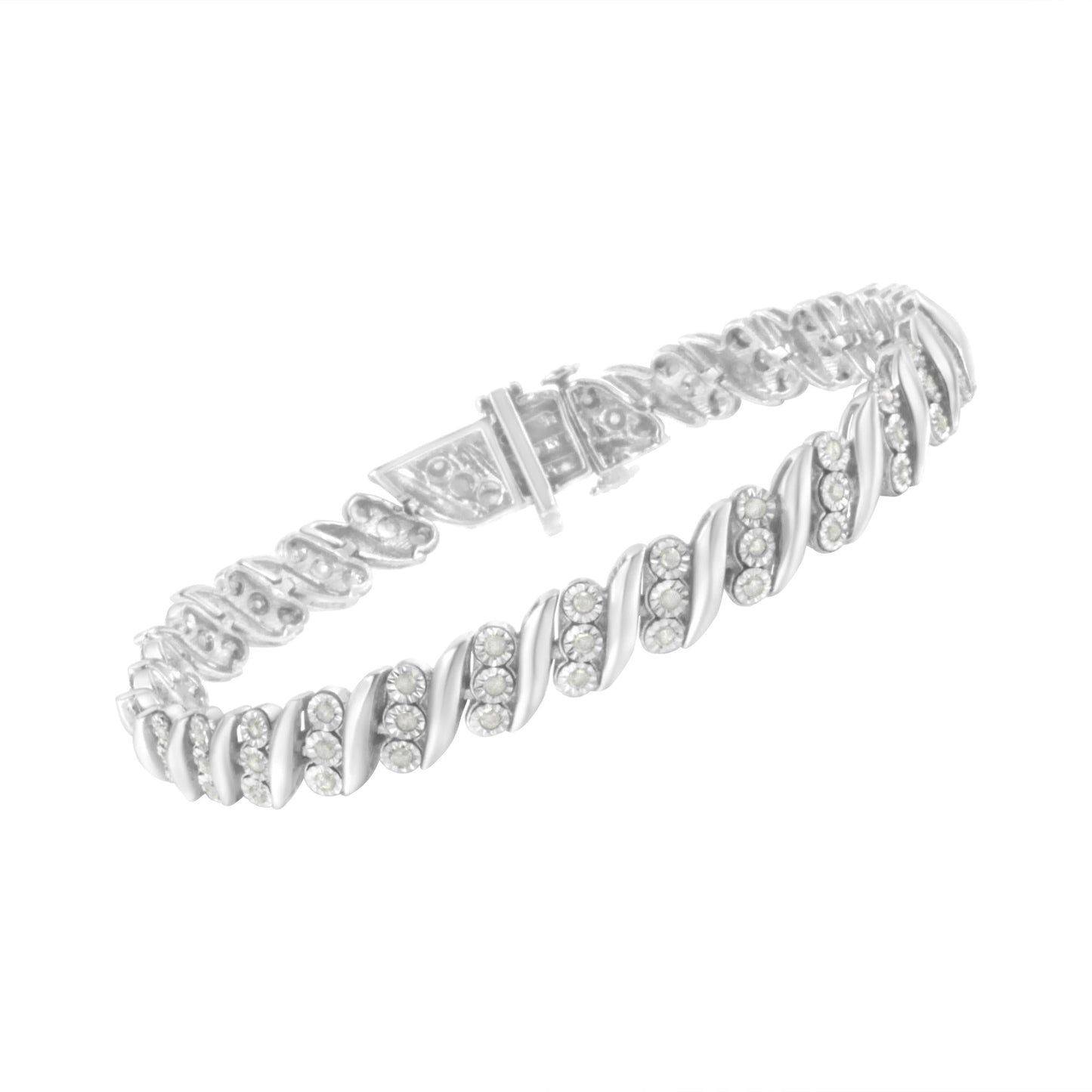 .925 Sterling Silver 3-Stone Row Diamond ’S’ Link Bracelet (1 cttw I-J