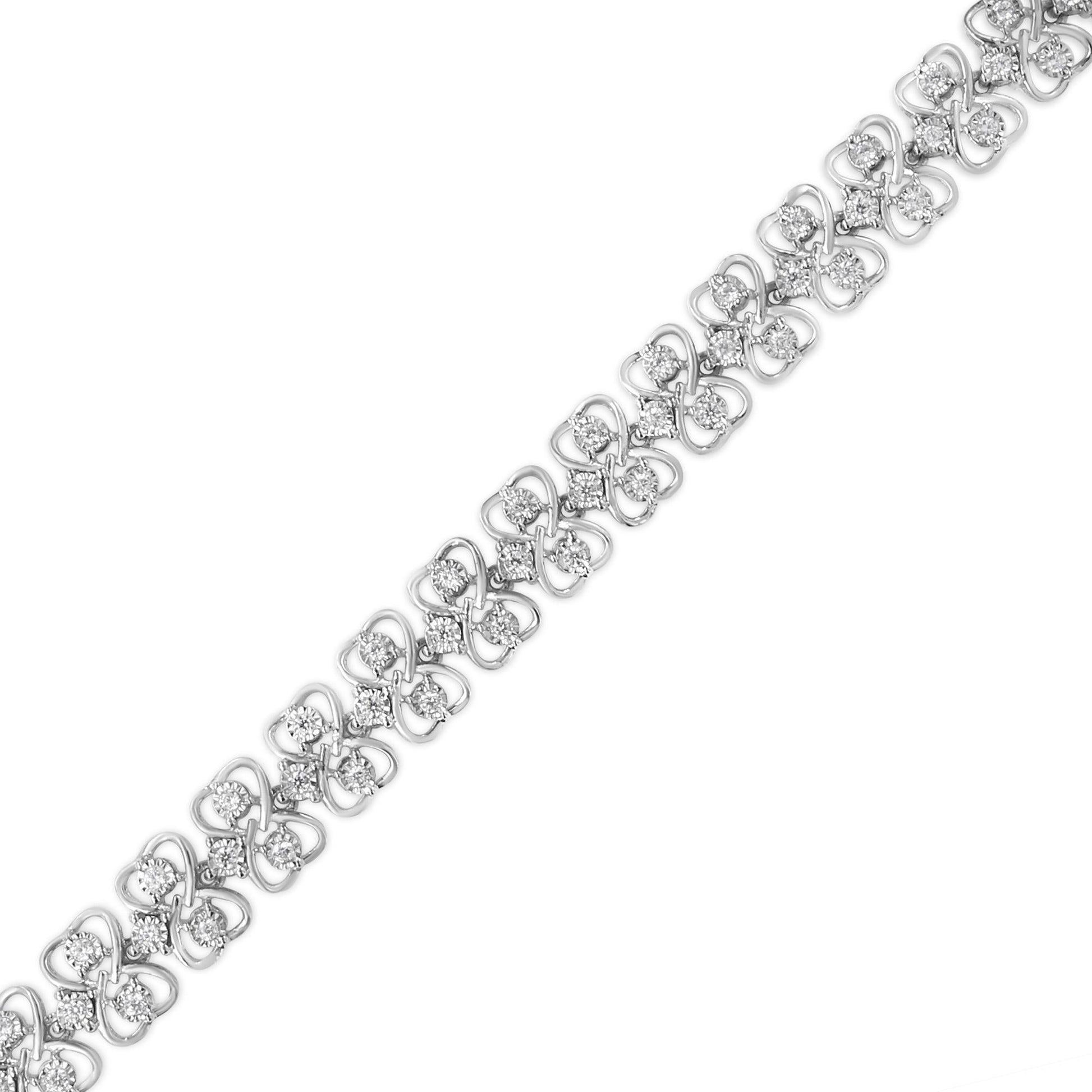 .925 Sterling Silver 1.0 cttw Round-cut Diamond 2-Row Heart Link Tennis