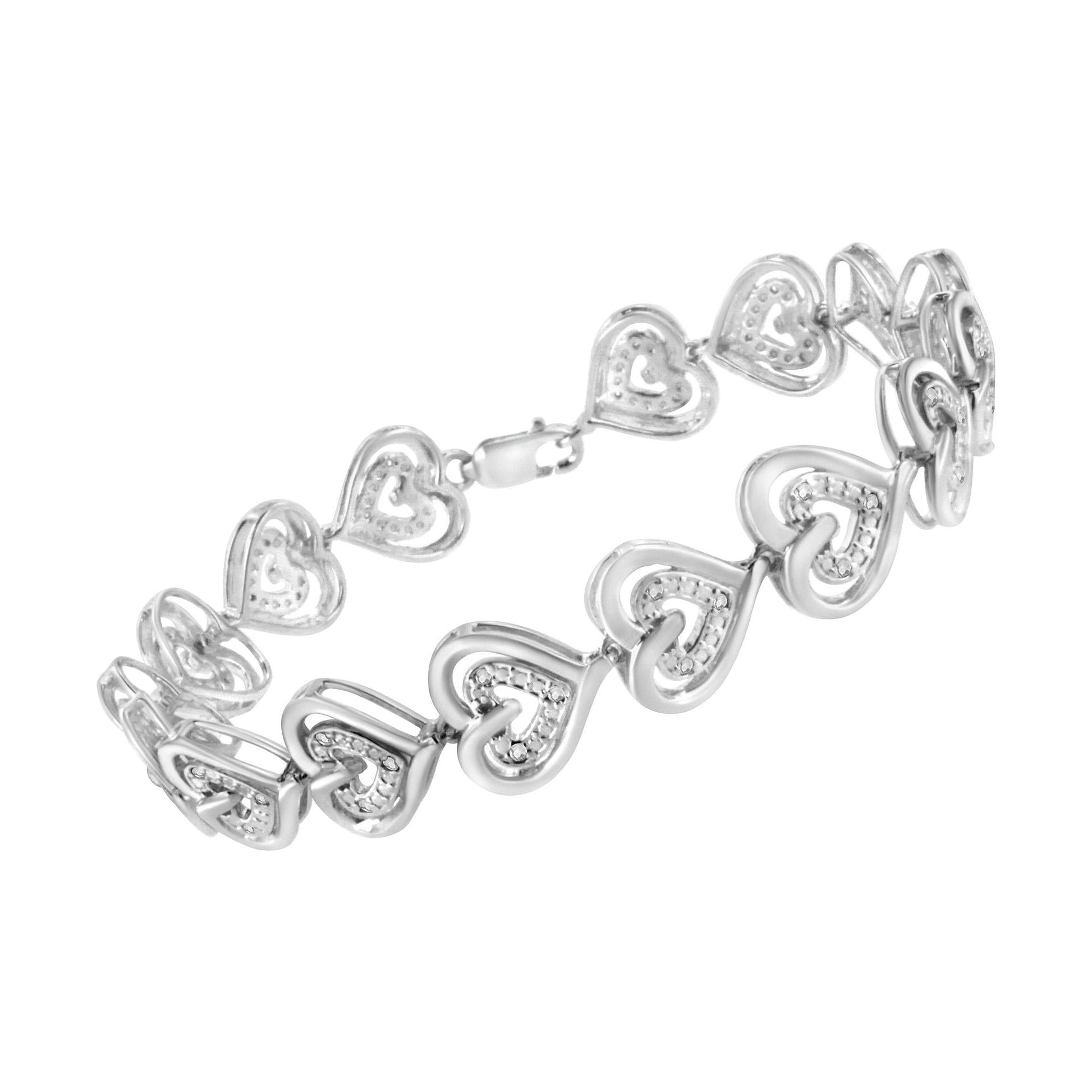 .925 Sterling Silver 1/4 Cttw Round-Cut Diamond Double Heart Link Bracelet (I-J