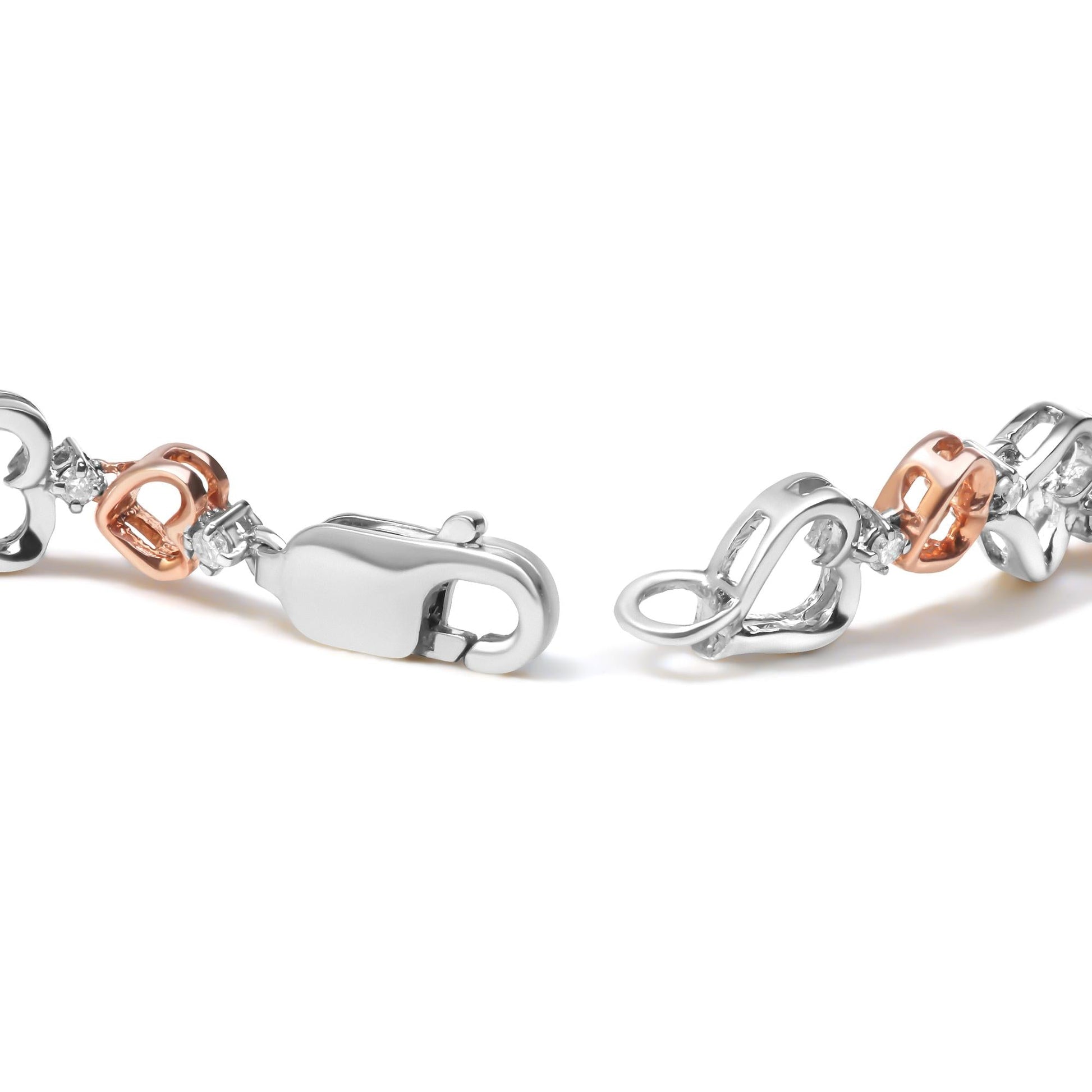 14K Rose Gold Plated.925 Sterling Silver 1/4 Cttw Diamond Heart Link Bracelet