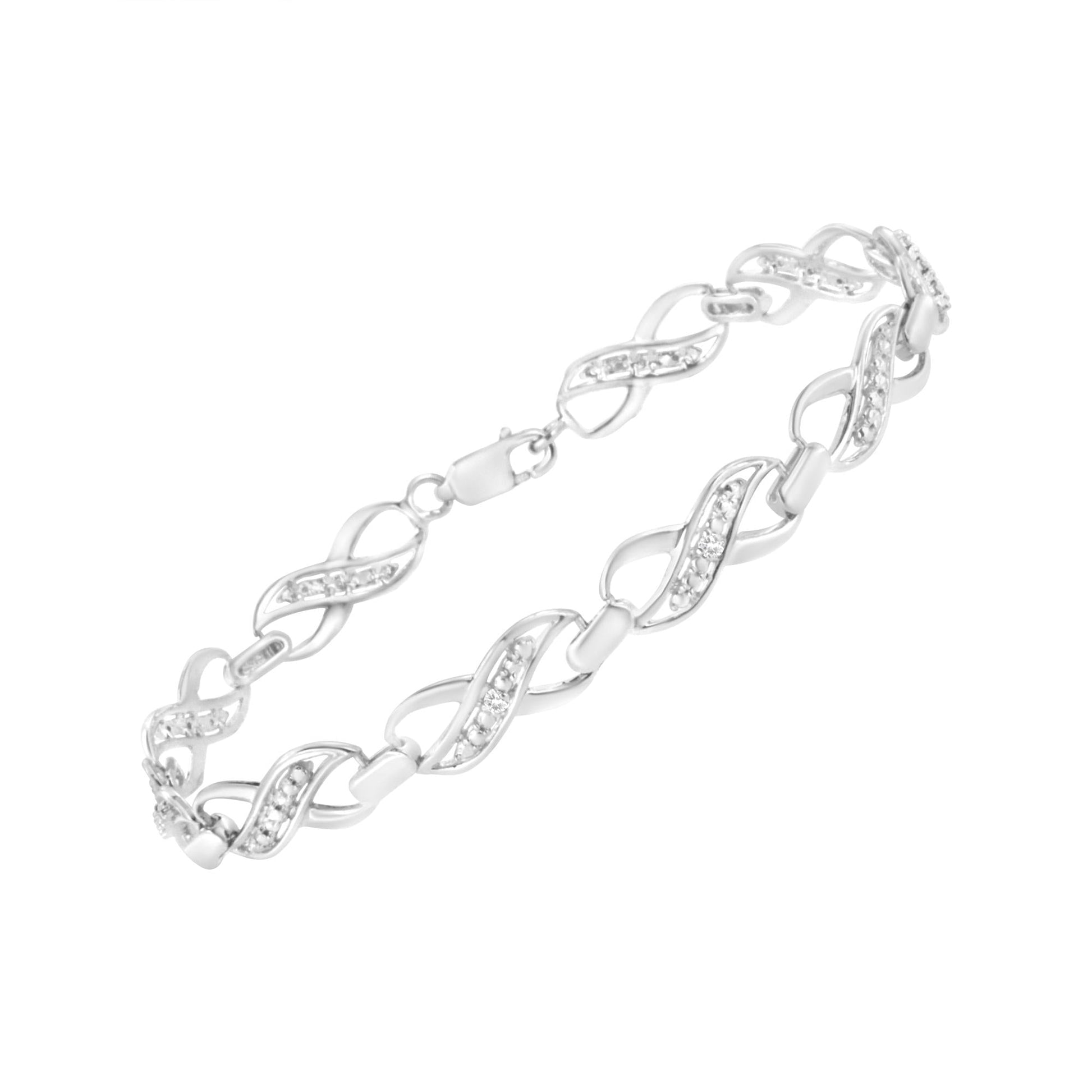 .925 Sterling Silver Prong Set Diamond Accent Ribbon and Infinity Link Bracelet