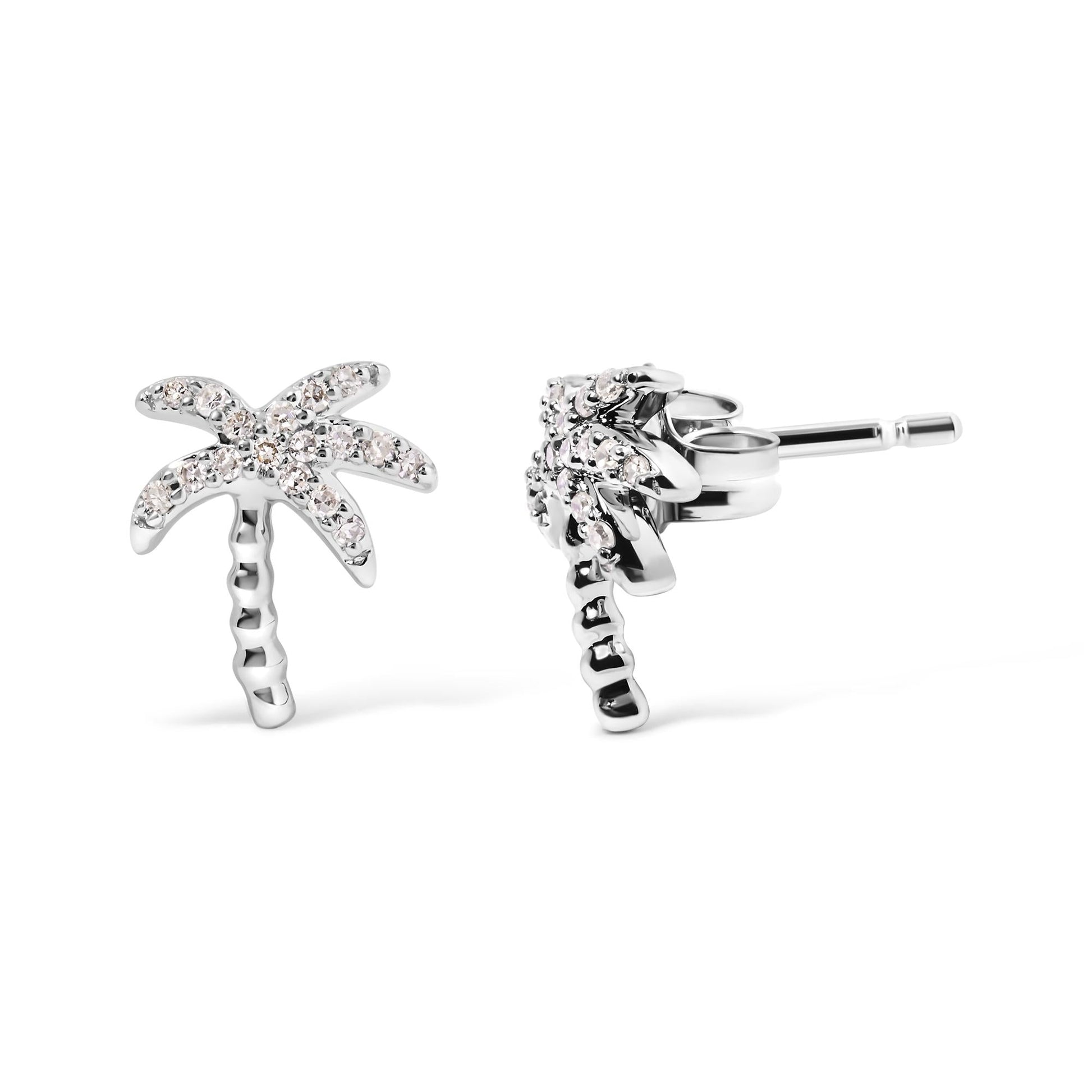 10K White Gold 1/10 Cttw Diamond Encrusted Palm Tree Stud Earrings (H-I Color