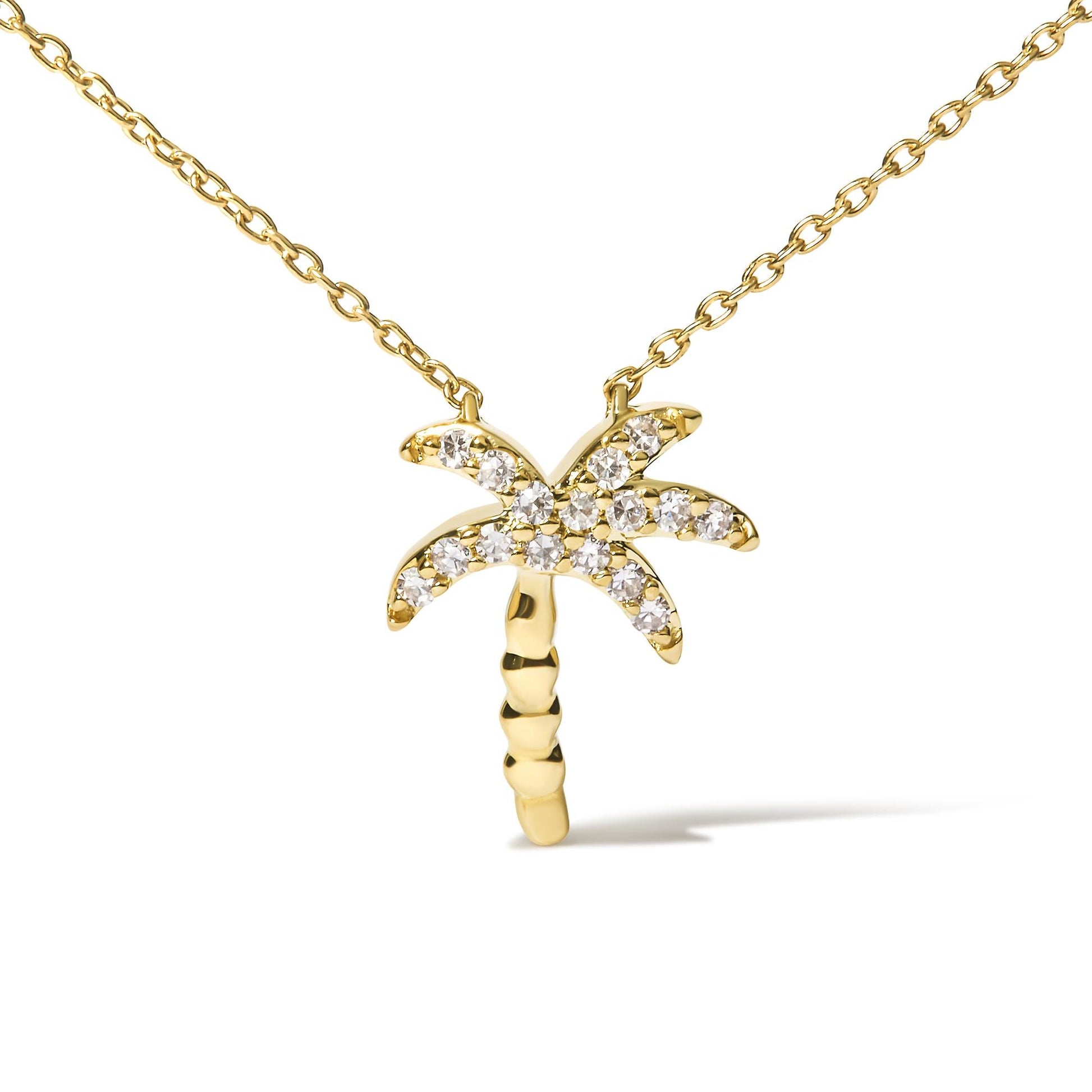 10K Yellow Gold 1/10 Cttw Round Diamond Palm Tree 18’’ Inch Pendant