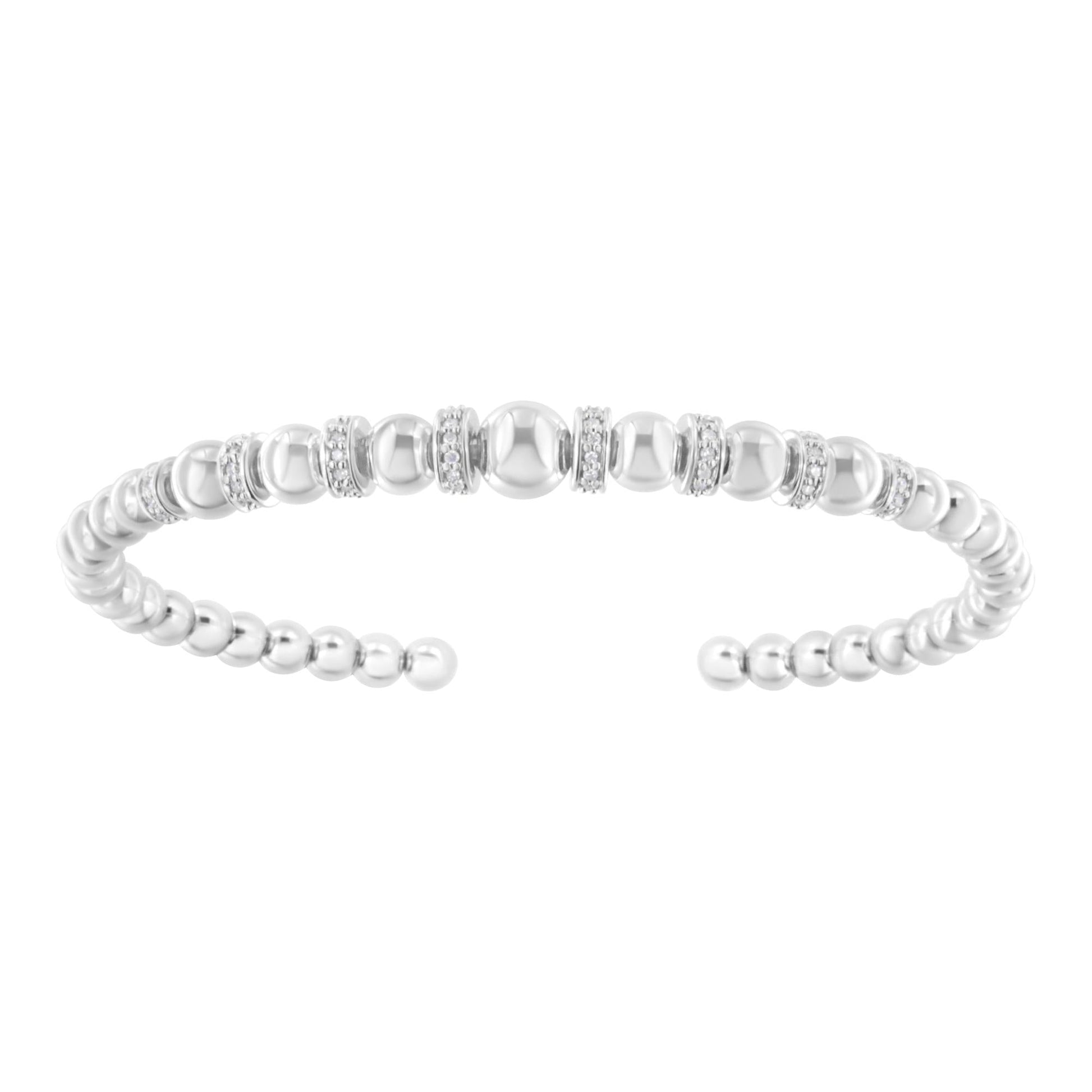 .925 Sterling Silver 1/4 Cttw Diamond Rondelle Graduated Ball Bead Cuff Bangle