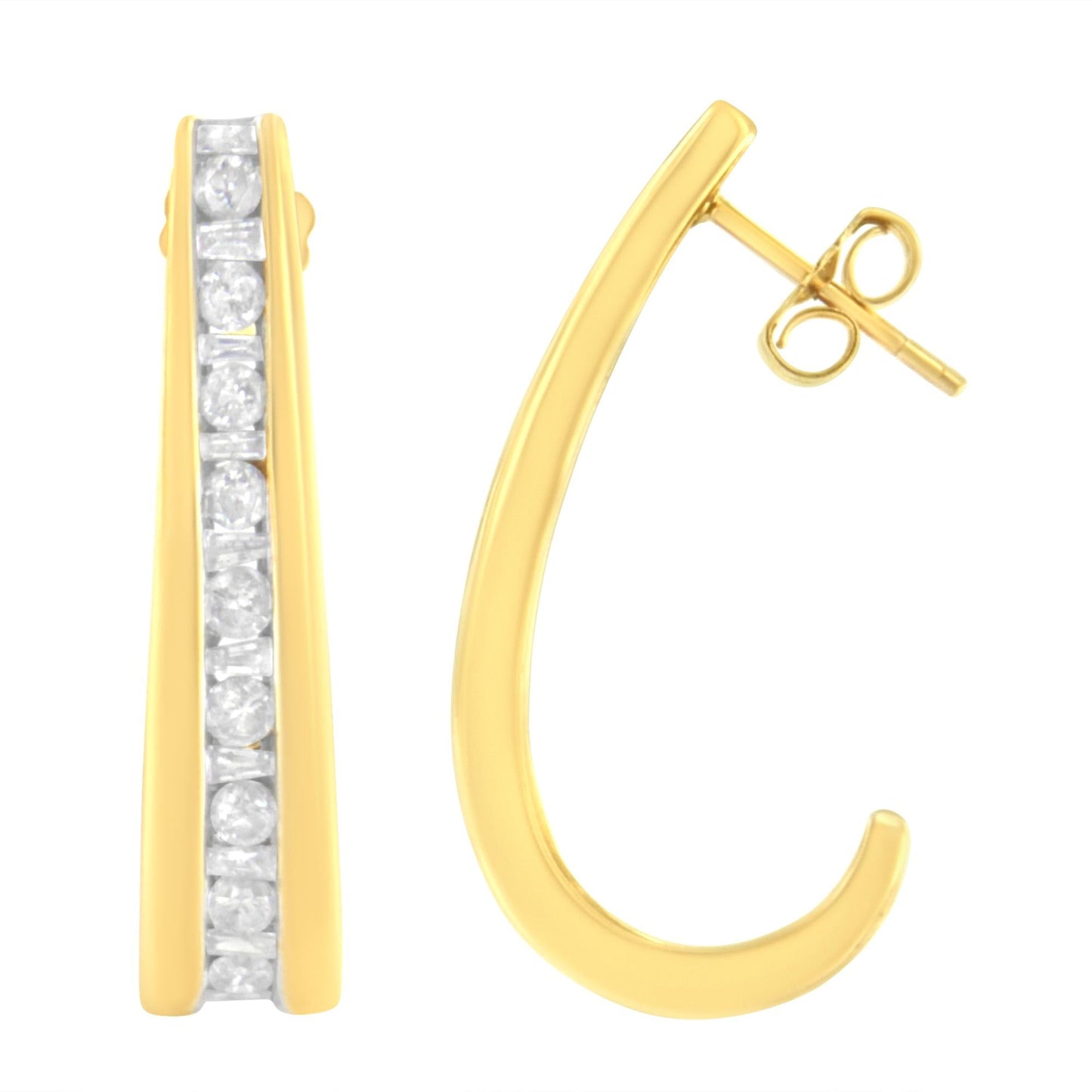 10K Yellow Gold 1 cttw Channel Set Diamond J-Hoop Earrings (H-I Clarity I1-I2