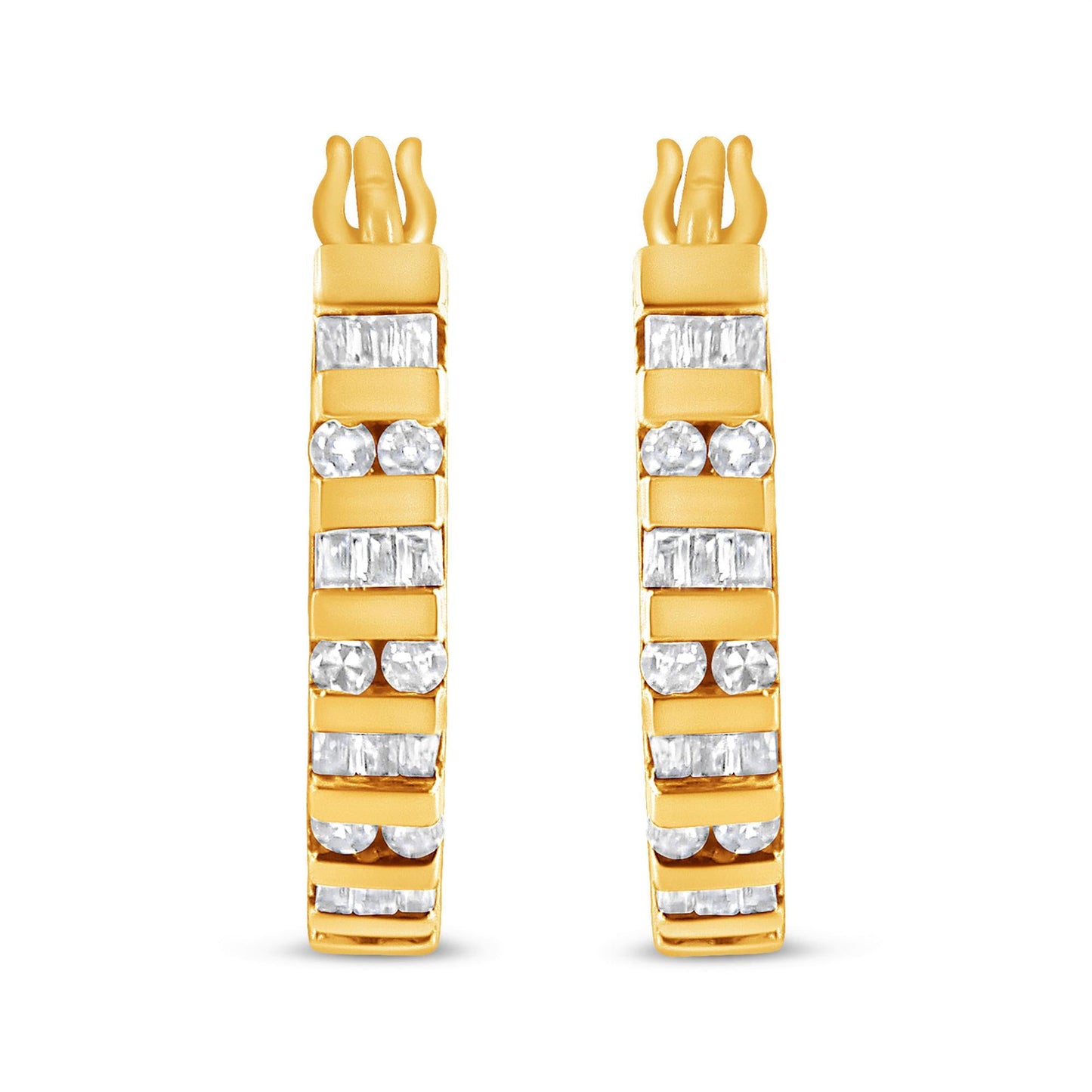 10K Gold Round and Baguette-Cut Diamond Hoop Earrings (I-J Color I2-I3 Clarity)