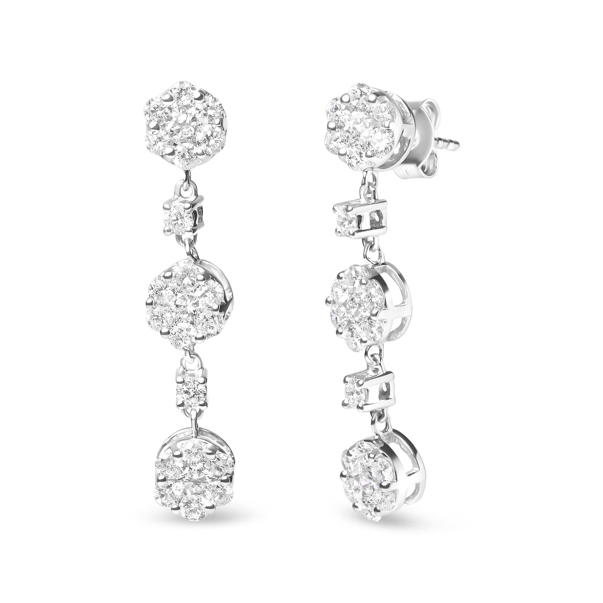 14K White Gold 2.00 Cttw Diamond Composite Cluster Floral Drop Earrings (I-J