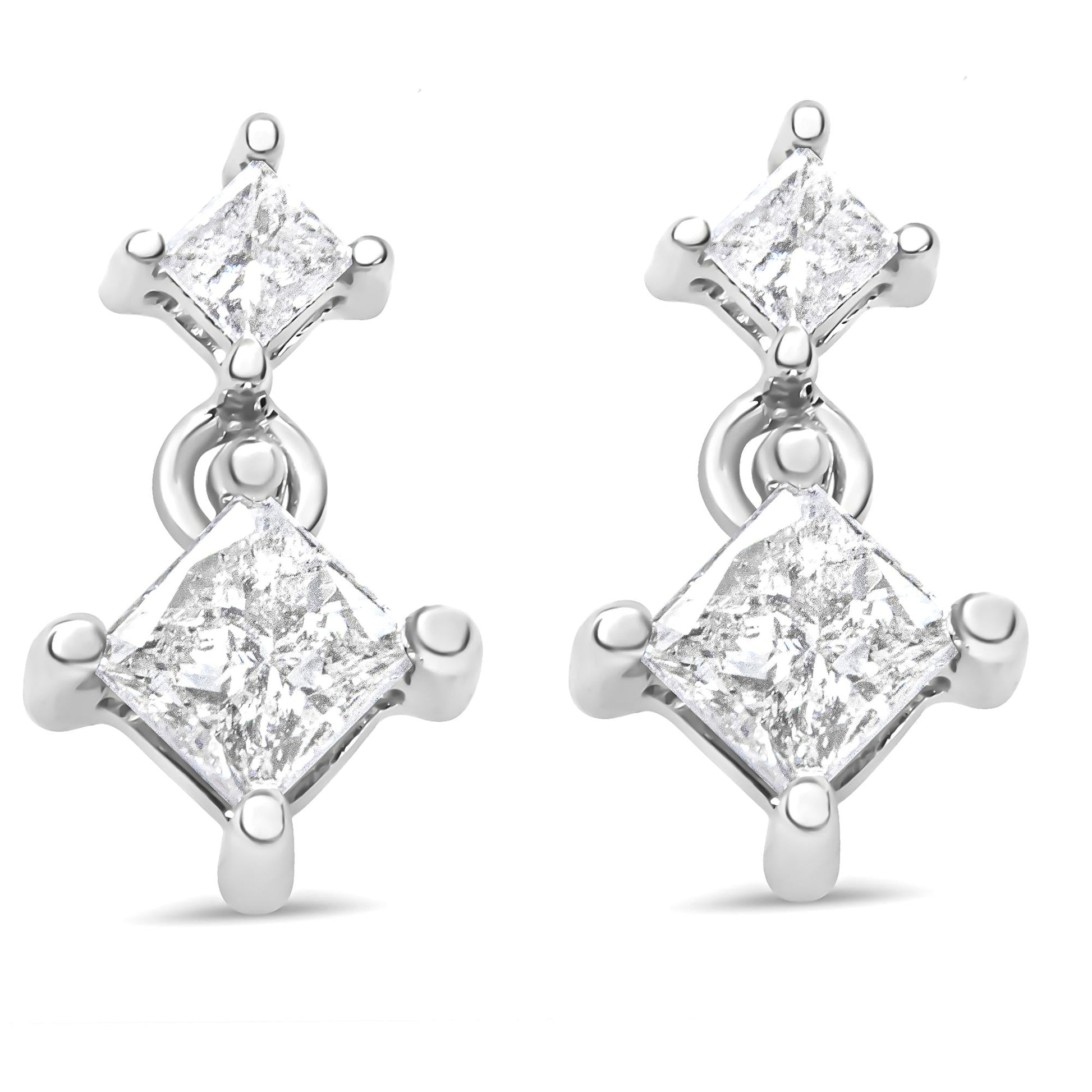 14K White Gold 3/8 Cttw Princess-Cut Diamond Double Dangle 2 Stone Stud Drop