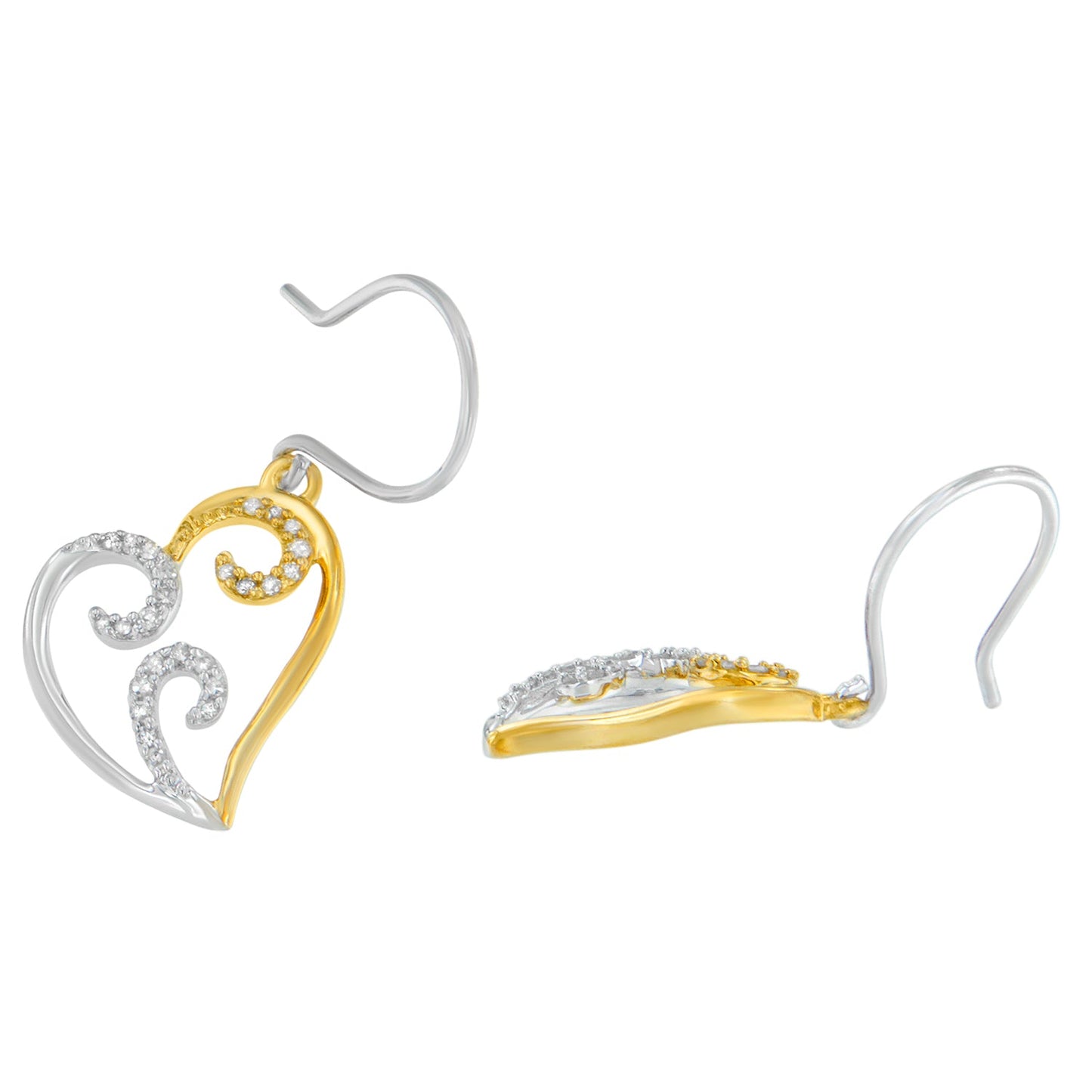 10K Two-tone Gold Round Diamond Heart Dangle Earrings (1/4 cttw I-J Color I2-I3