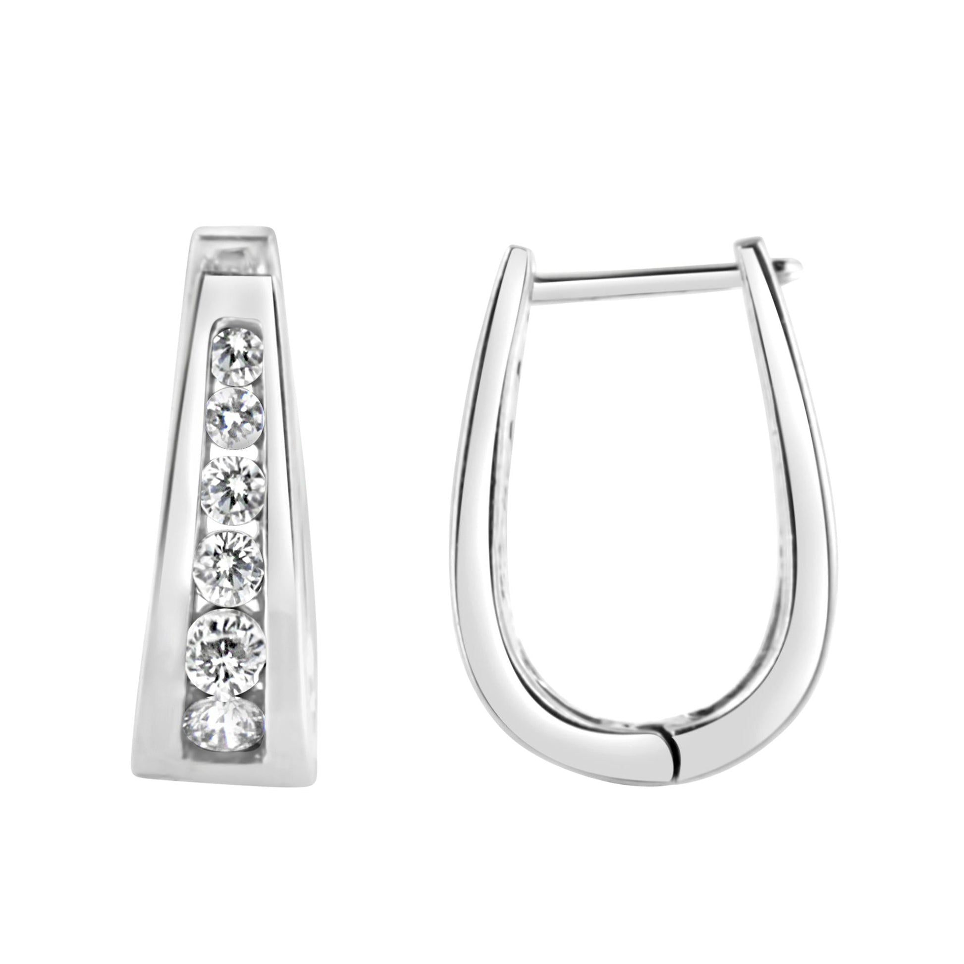 14k White Gold Channel-Set Brilliant Round-Cut Diamond Hoop Earrings (I-J Color