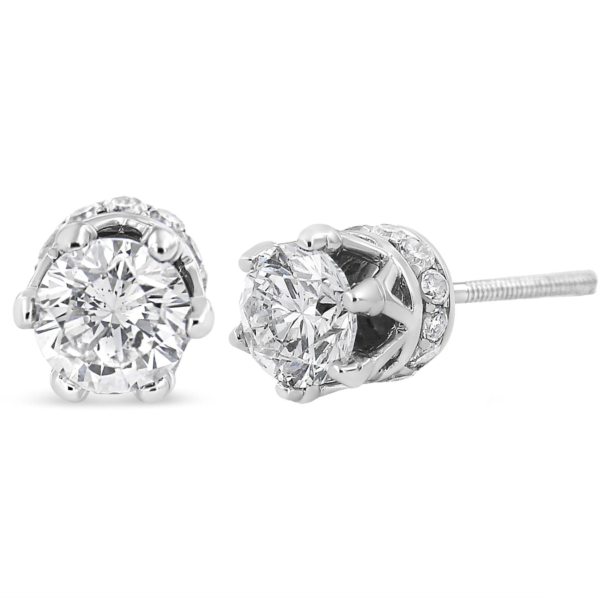 14K White Gold 1.0 Cttw Round Cut Prong-Set Diamond Crown Stud Earring (I-J