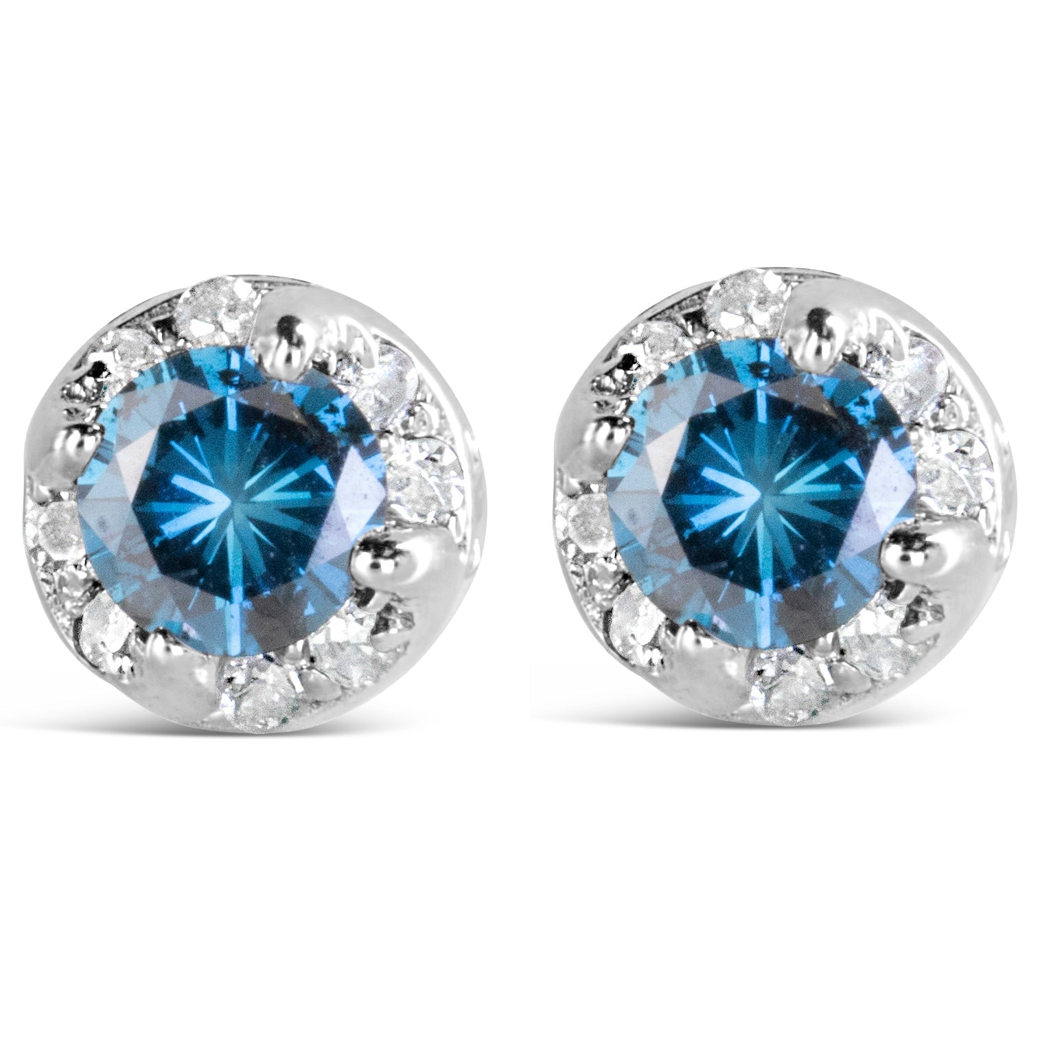 14K White Gold 1.00 Cttw Treated Blue and White Diamond Hidden Halo Stud