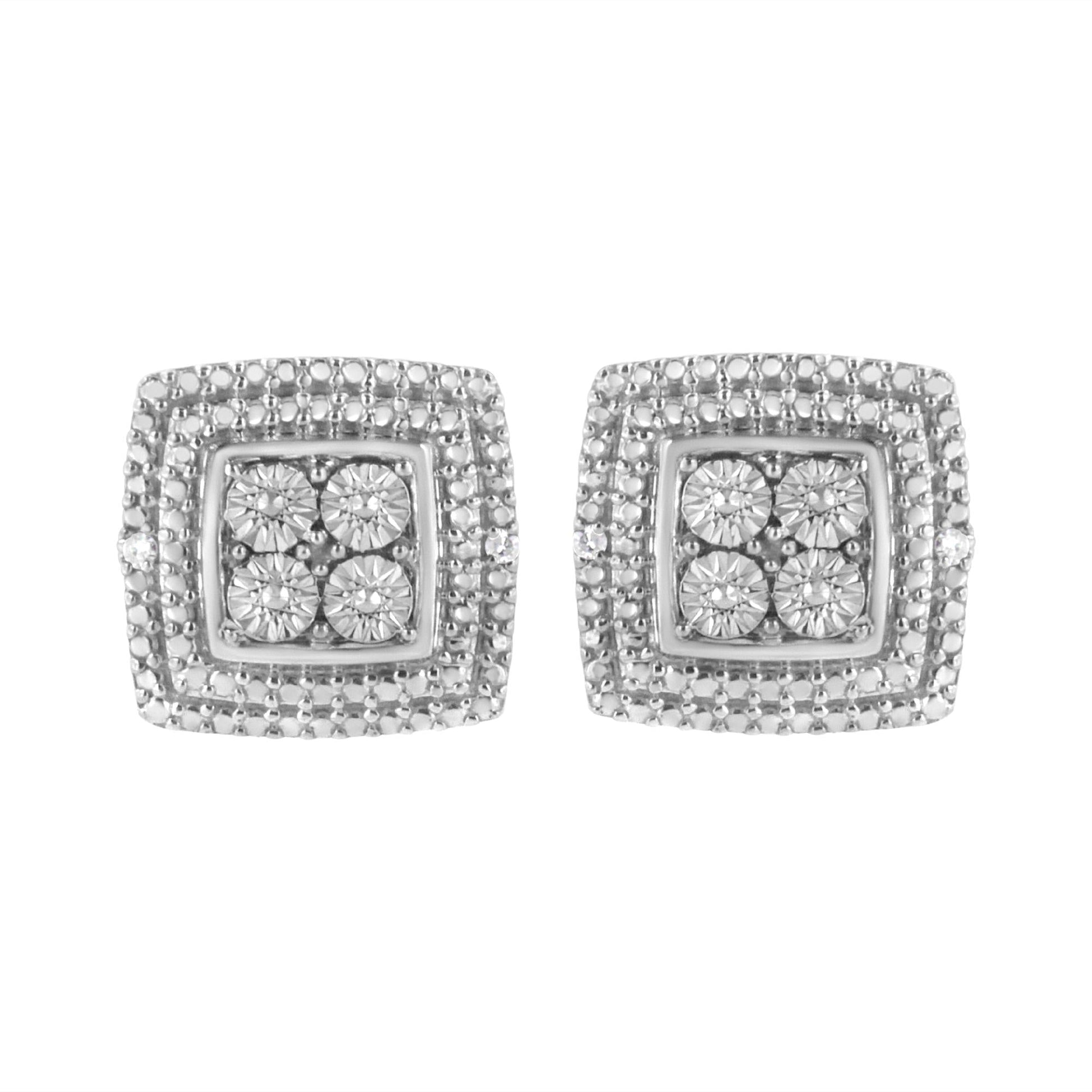 .925 Sterling Silver Diamond Accented Square Shaped Milgrain Stud Earrings (I-J