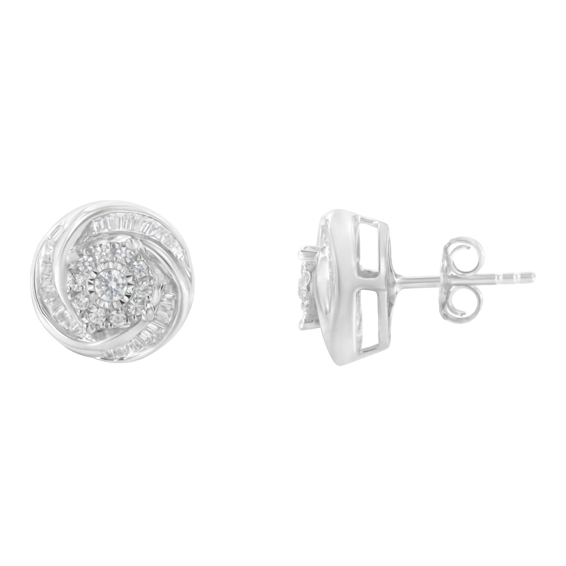 .925 Sterling Silver 3/4 Cttw Round and Baguette-Cut Diamond Love Knot Stud