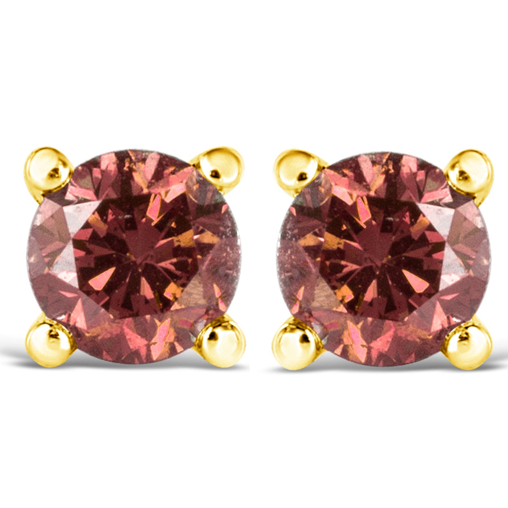 14K Gold 4-Prong Set Round Brilliant-Cut Pink Diamond Solitaire Stud Earrings