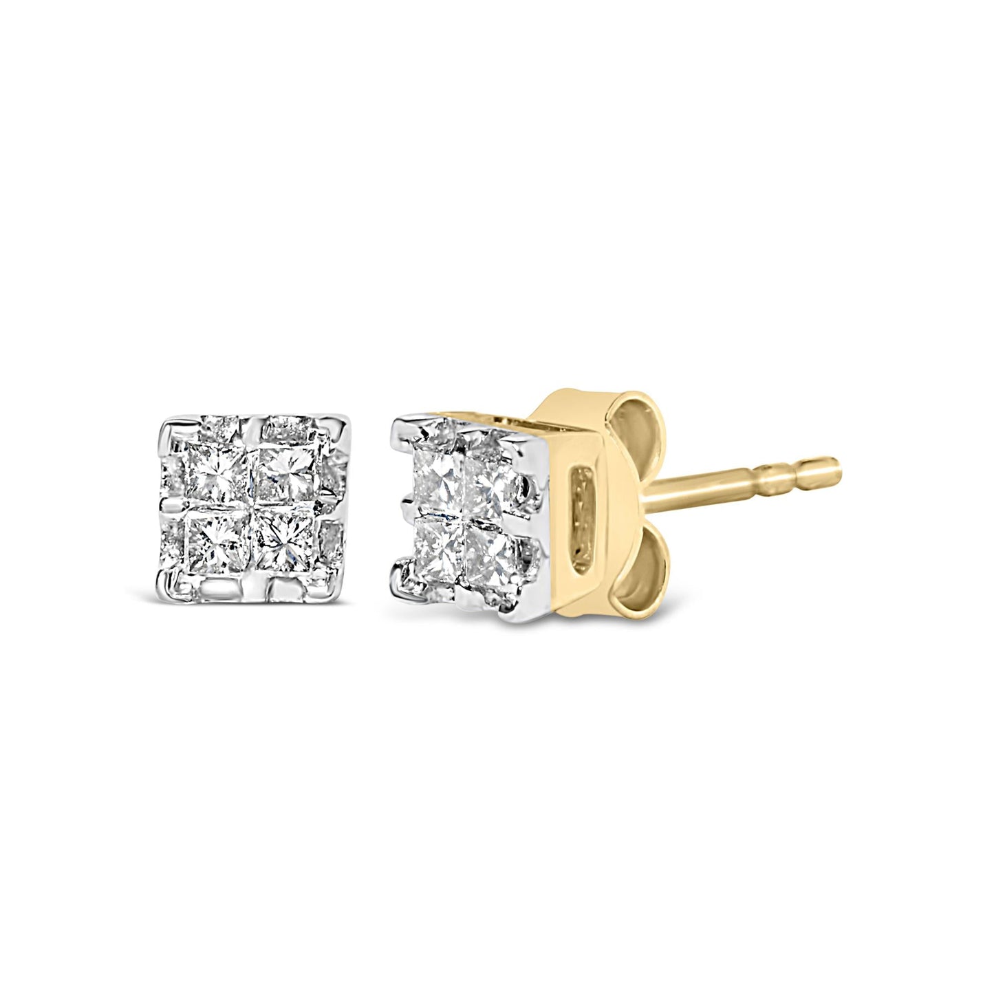 10k Yellow Gold Princess Diamond Quad Stud Earrings (1/4 cttw, J-K Color, I2-I3 Clarity)