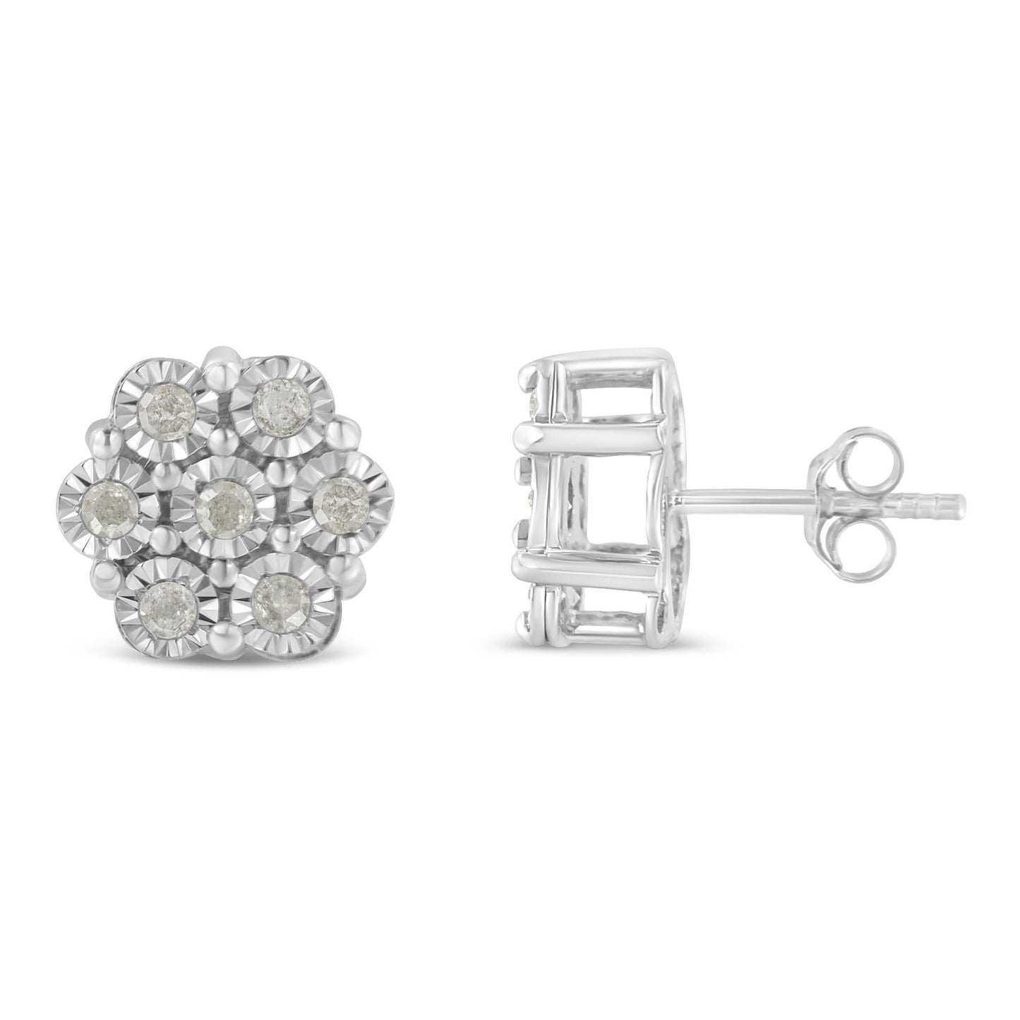 .925 Sterling Silver 1/2 Cttw Round-Cut Diamond Miracle-Set Floral Cluster Button Stud Earrings (I-J Color, I2-I3 Clarity)