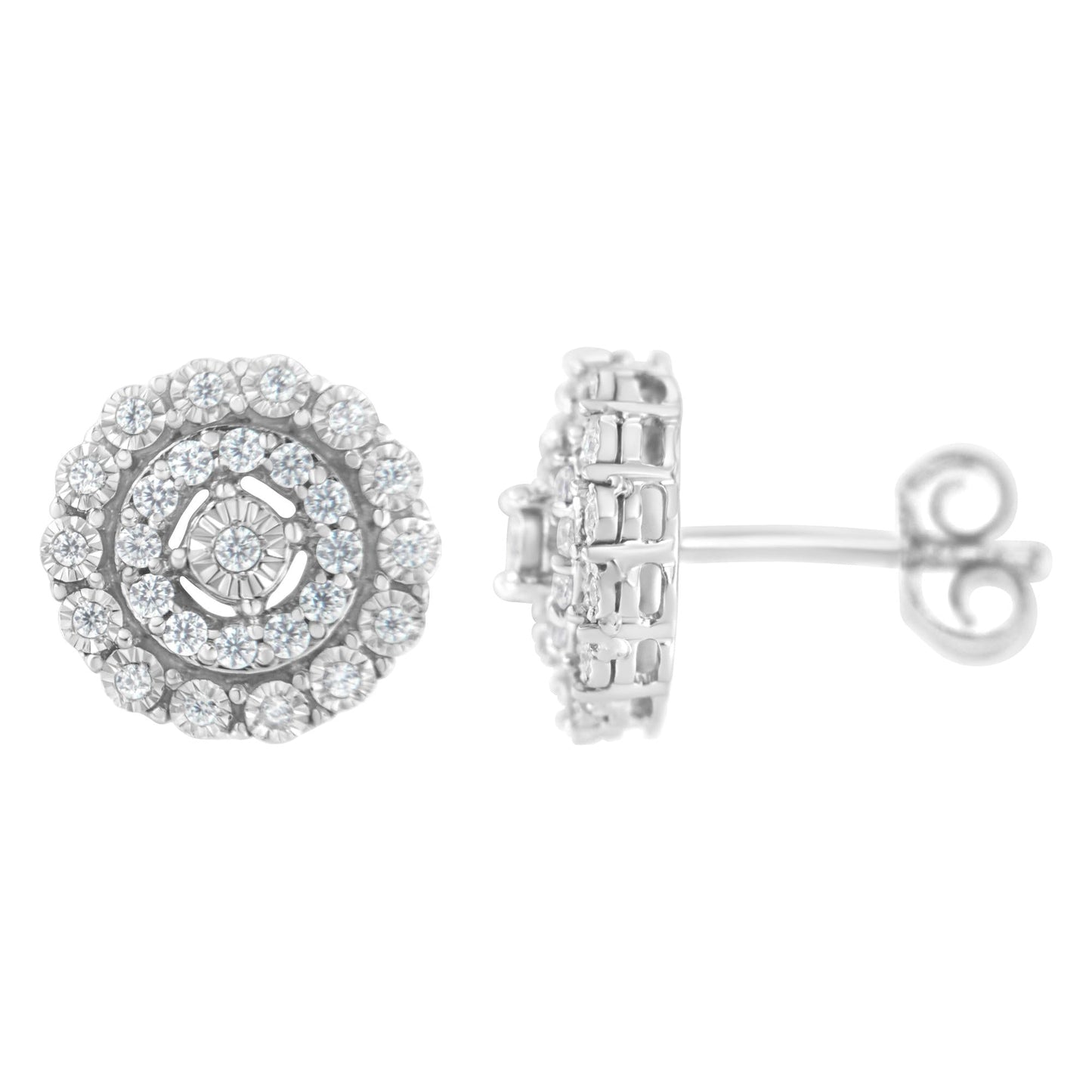 .925 Sterling Silver 1/2 cttw Miracle-Set Diamond Double Halo Stud Earring (I-J