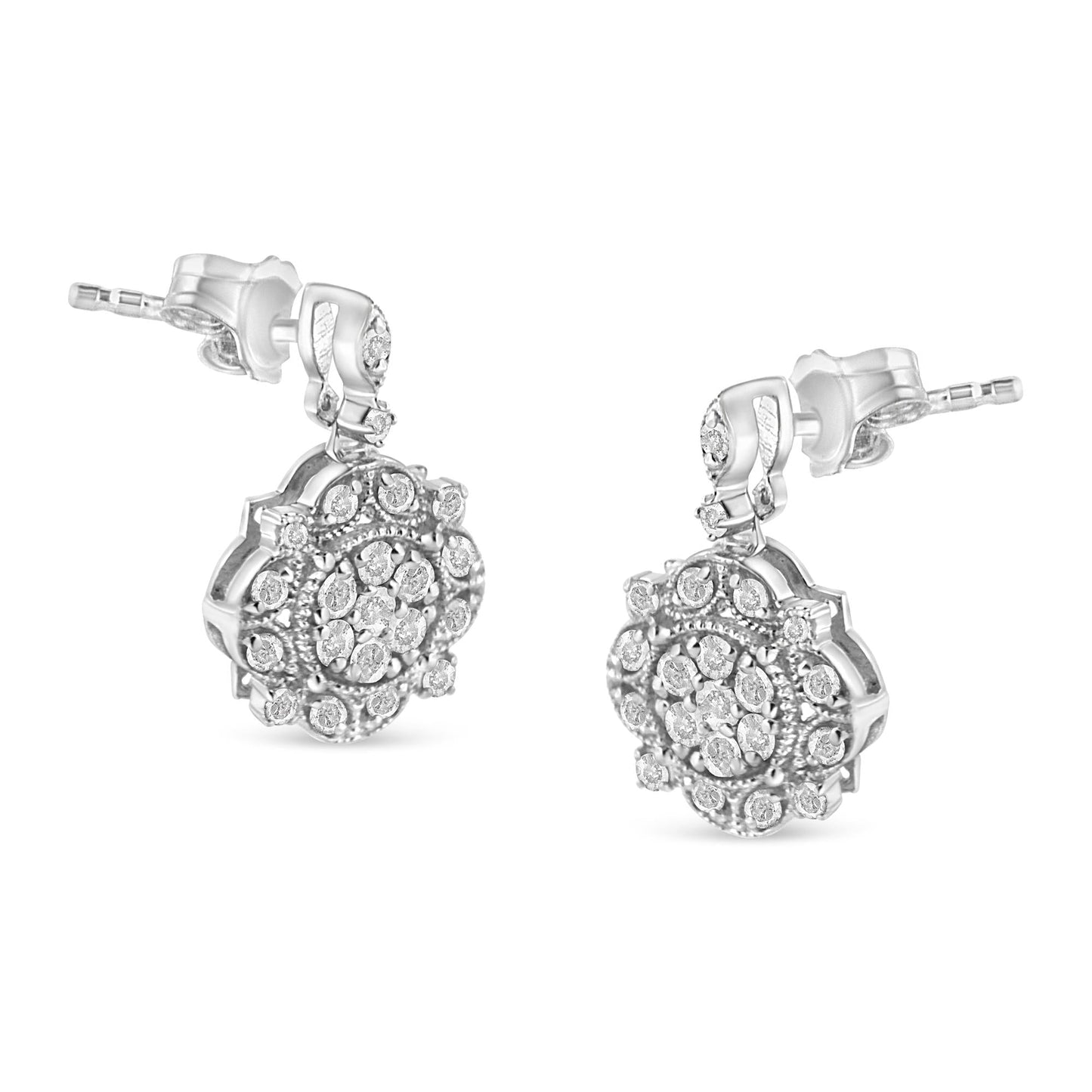 .925 Sterling Silver 1/2 Cttw Diamond Dangle Miligrain Earring (I-J Color I2-I3