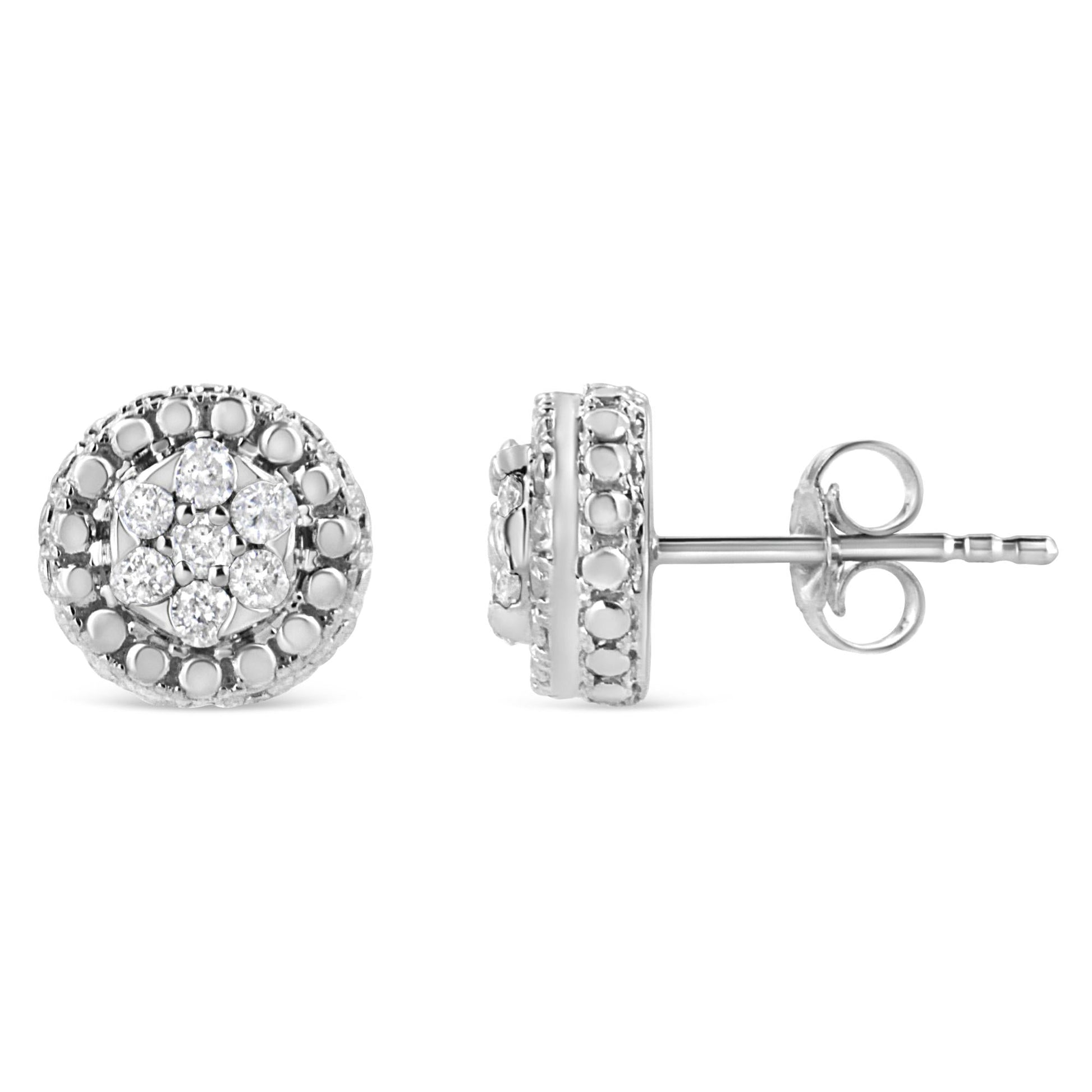 .925 Sterling Silver 1/3 Cttw 7 Stone Pave Set Diamond Beaded Stud Earrings