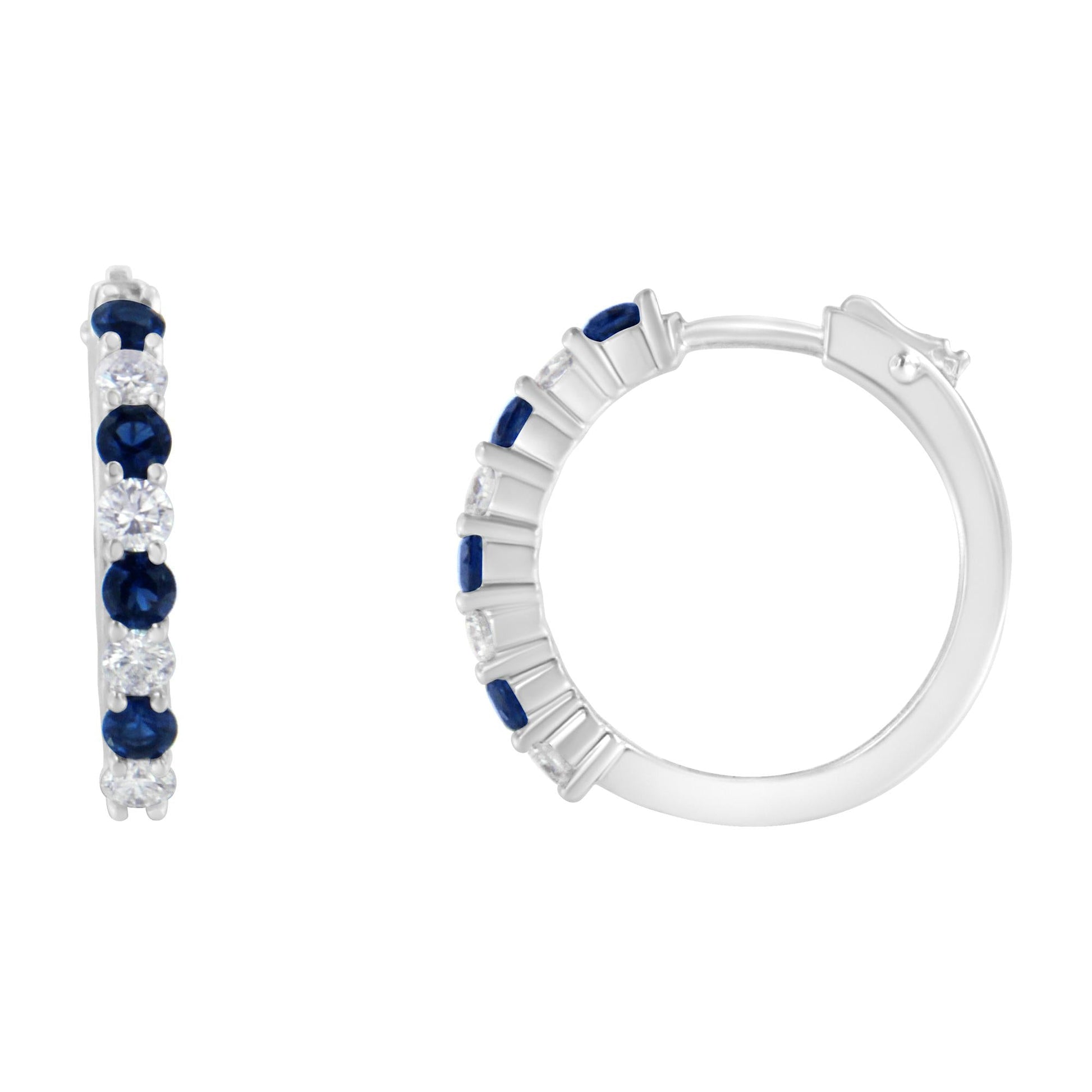 10K White Gold 2.5MM Sapphire Gemstone and 1/2 Cttw Diamond Hoop Earrings (H-I