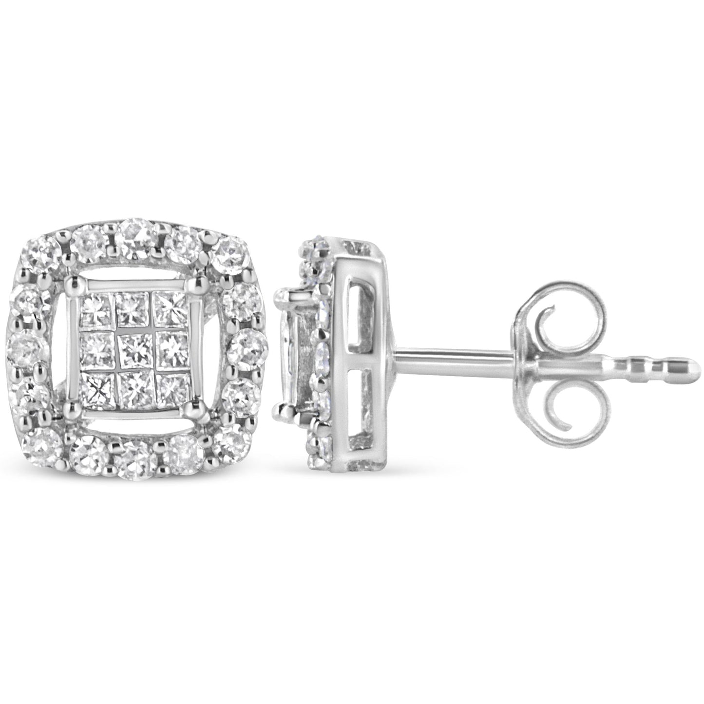 .925 Sterling Silver 1/2 Cttw Round and Princess-Cut Diamond Stud Earrings (I-J