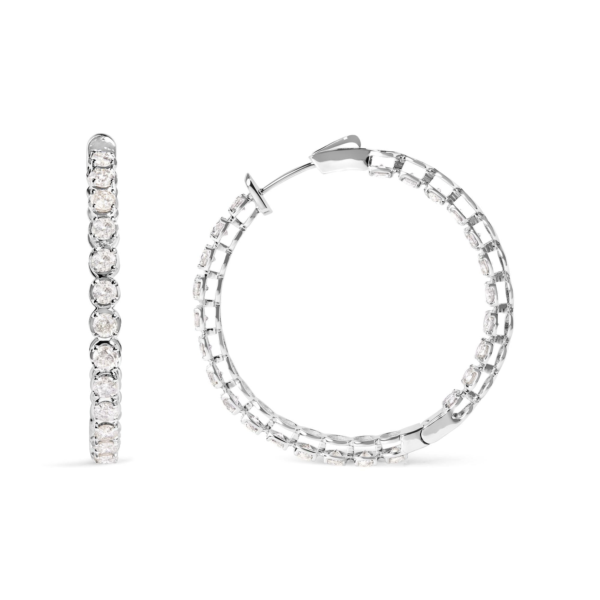 14K White Gold 7.0 Cttw Diamond 1-¾ Inside Out Hinged Leverback Hoop Earrings