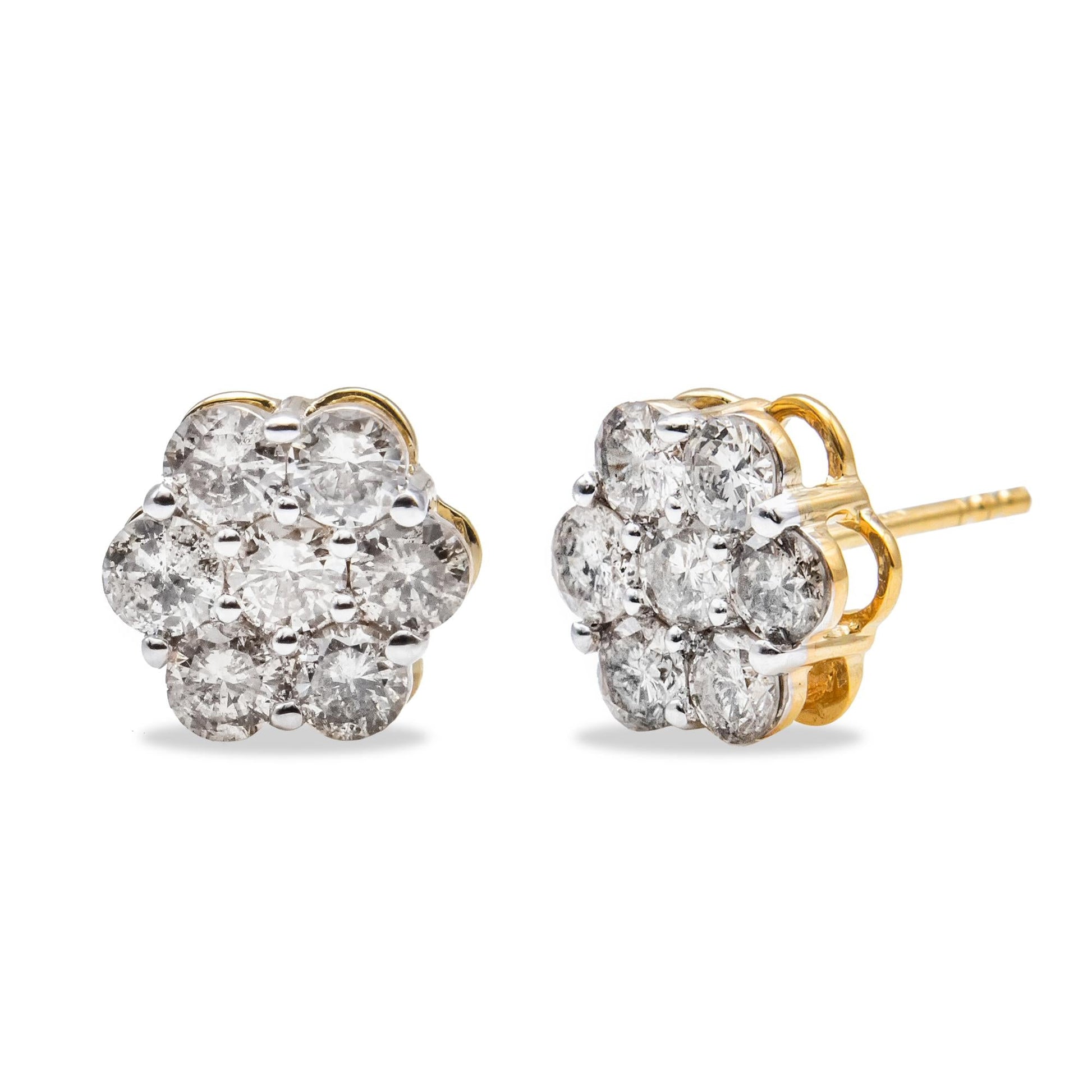 10K Yellow Gold Plated.925 Sterling Silver 2.0 Cttw Diamond Floral Cluster Stud