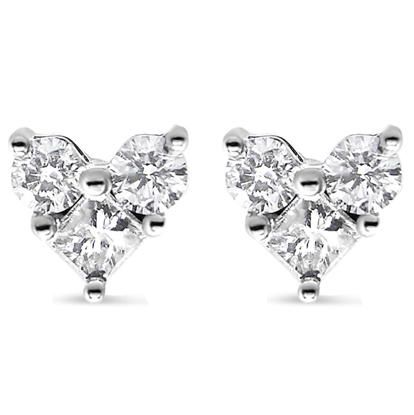 10K White Gold Diamond 3 Stone Trio Heart Stud Earring (I-J Color I1-I2