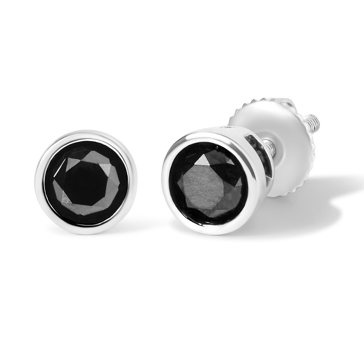 .925 Sterling Silver Round Brilliant-Cut Black Diamond Bezel-Set Stud Earrings