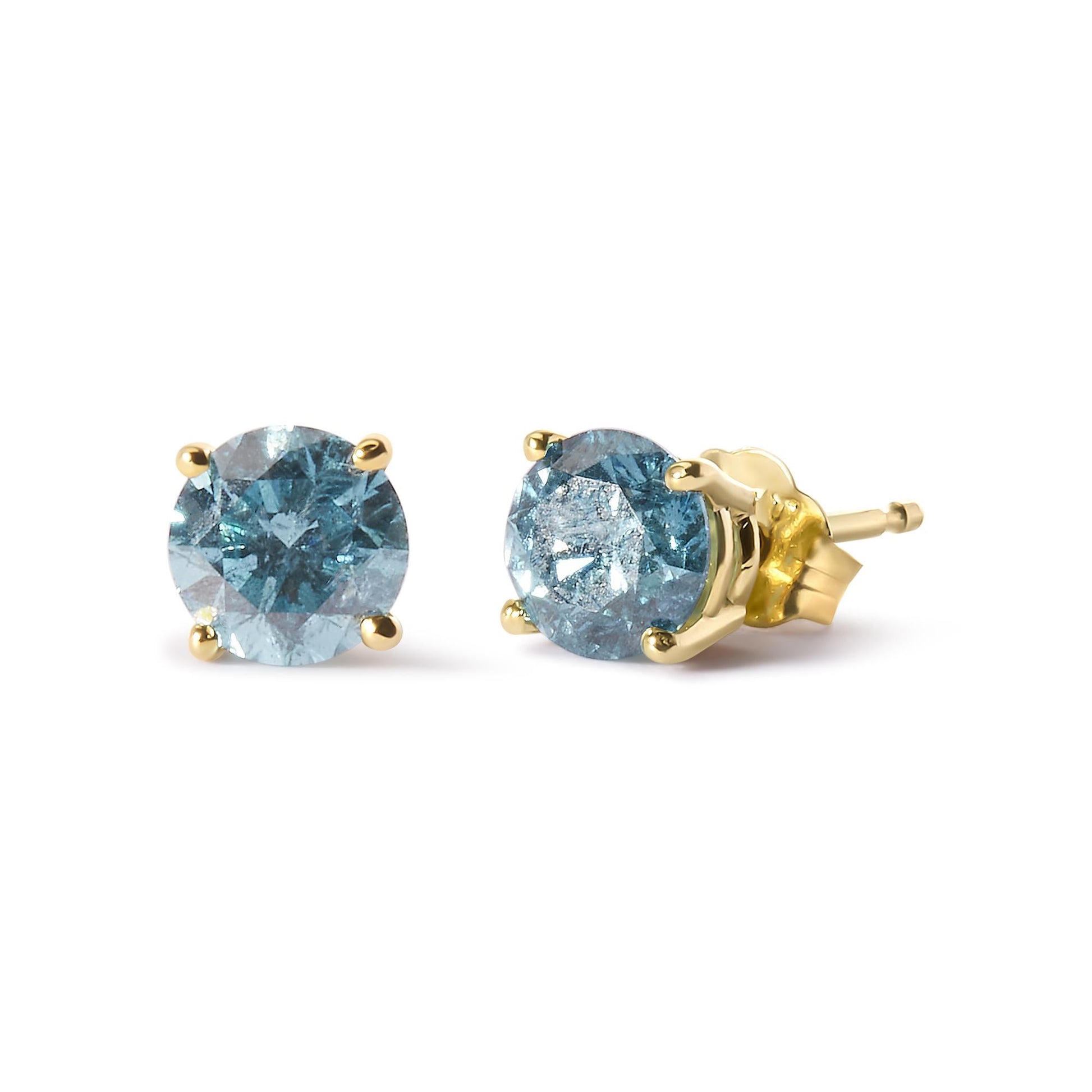 14K Yellow Gold 1.0 Cttw Treated Aqua Blue Diamond Classic Solitaire Stud