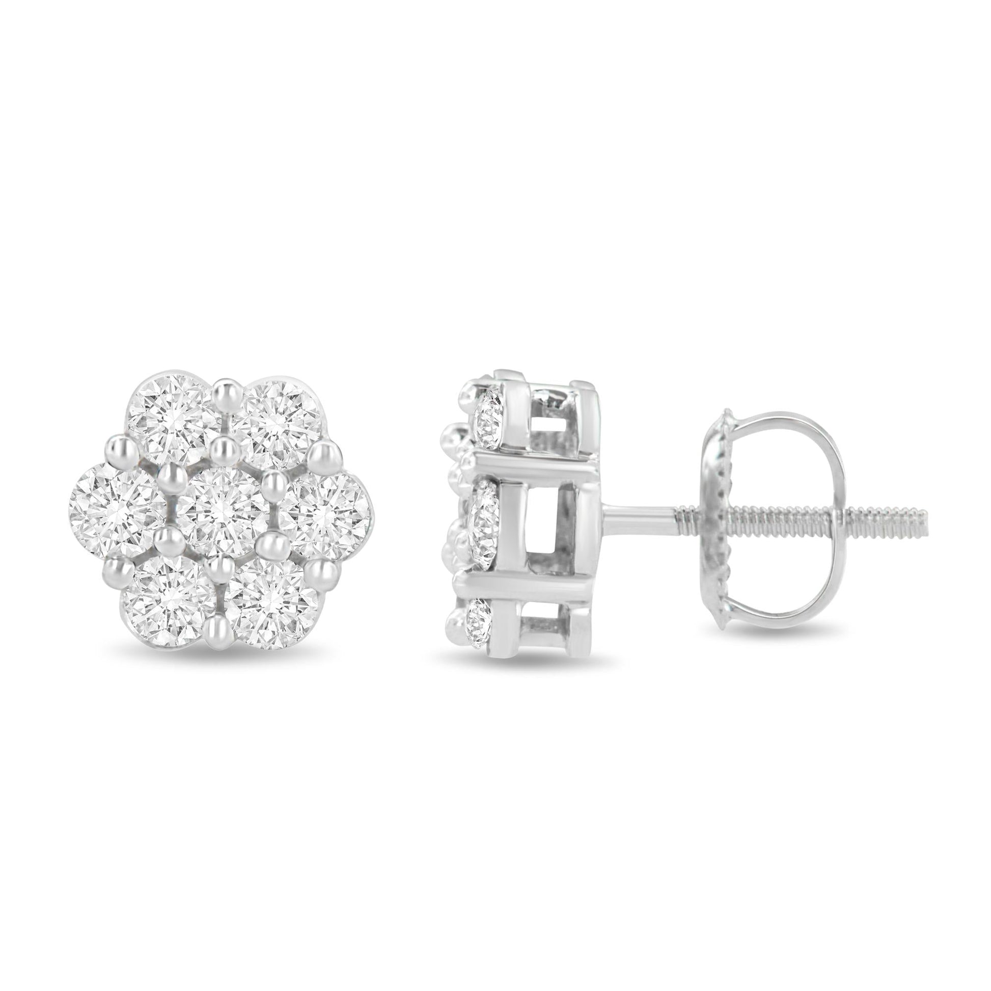 14K White Gold 1 1/2 cttw Prong Set Round-Cut Diamond Floral Cluster Stud