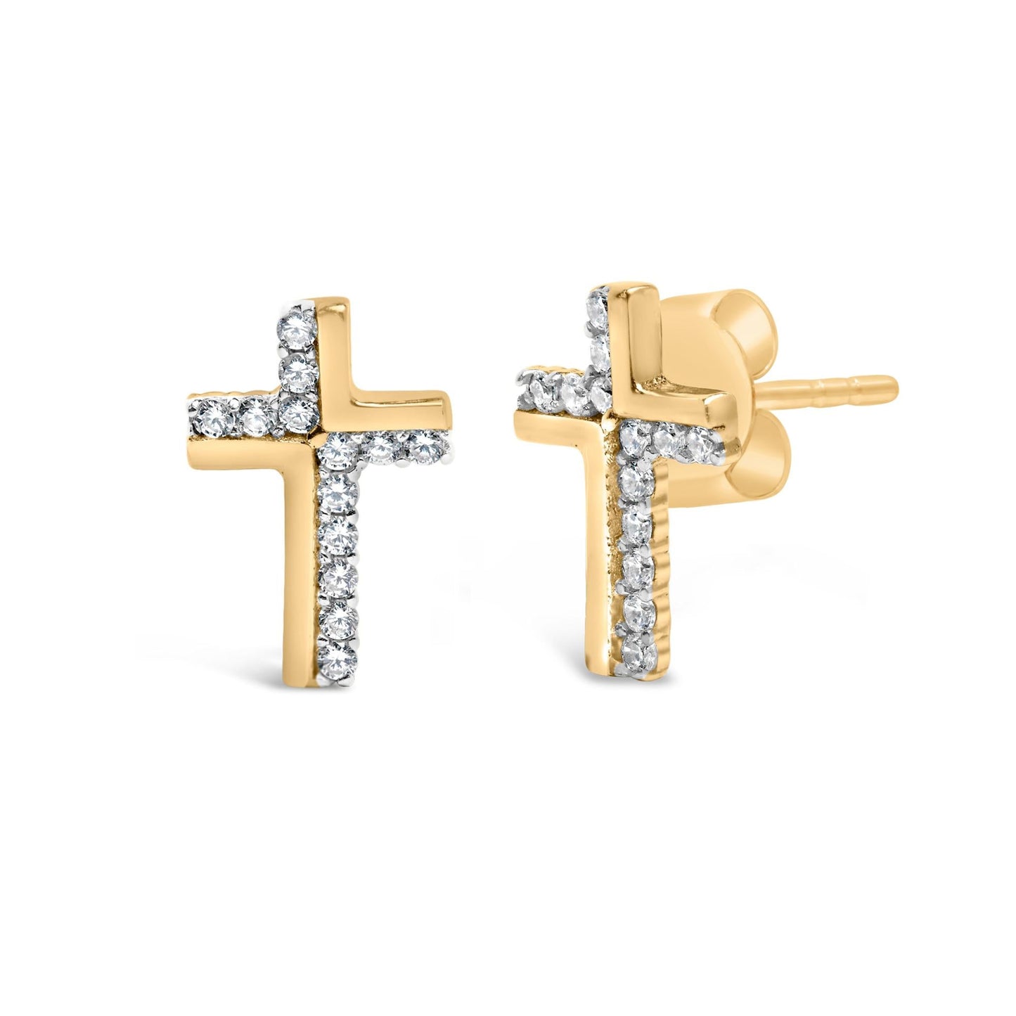 14K Yellow Gold Plated.925 Sterling Silver 1/10 Cttw Diamond Cross Stud Earring